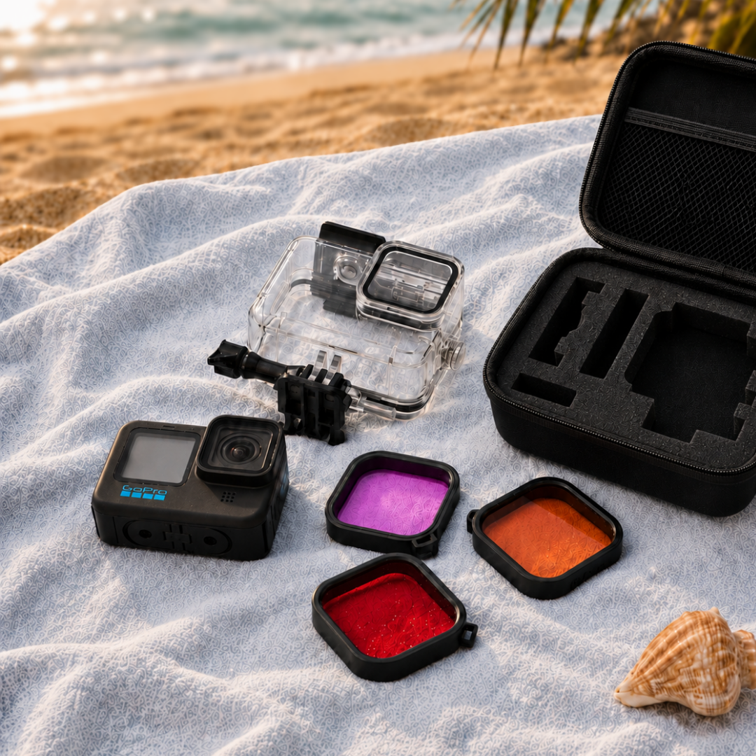 GoPro, housing, filters and case on a beach towel with ocean background.