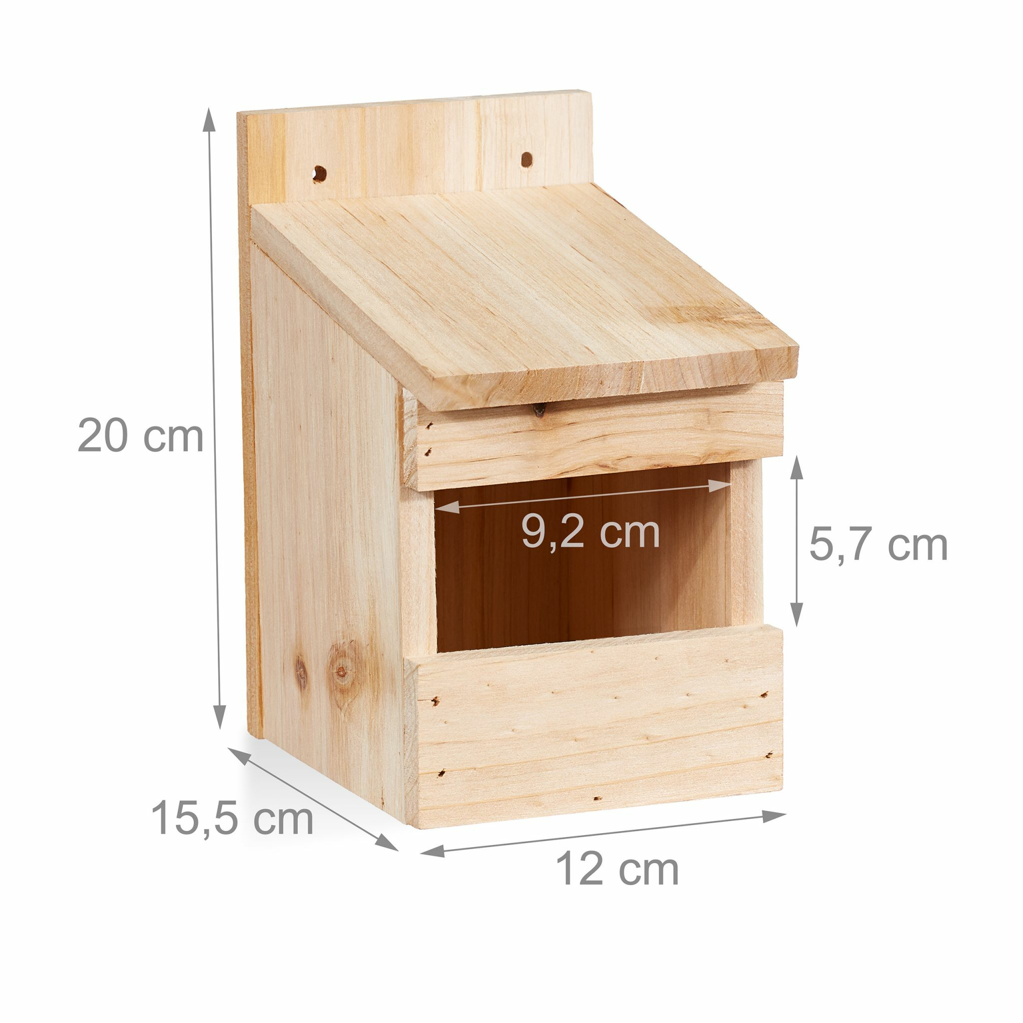 Holz-Vogelhaus mit Maßen 20x15,5x12 cm und Öffnung 9,2x5,7 cm.