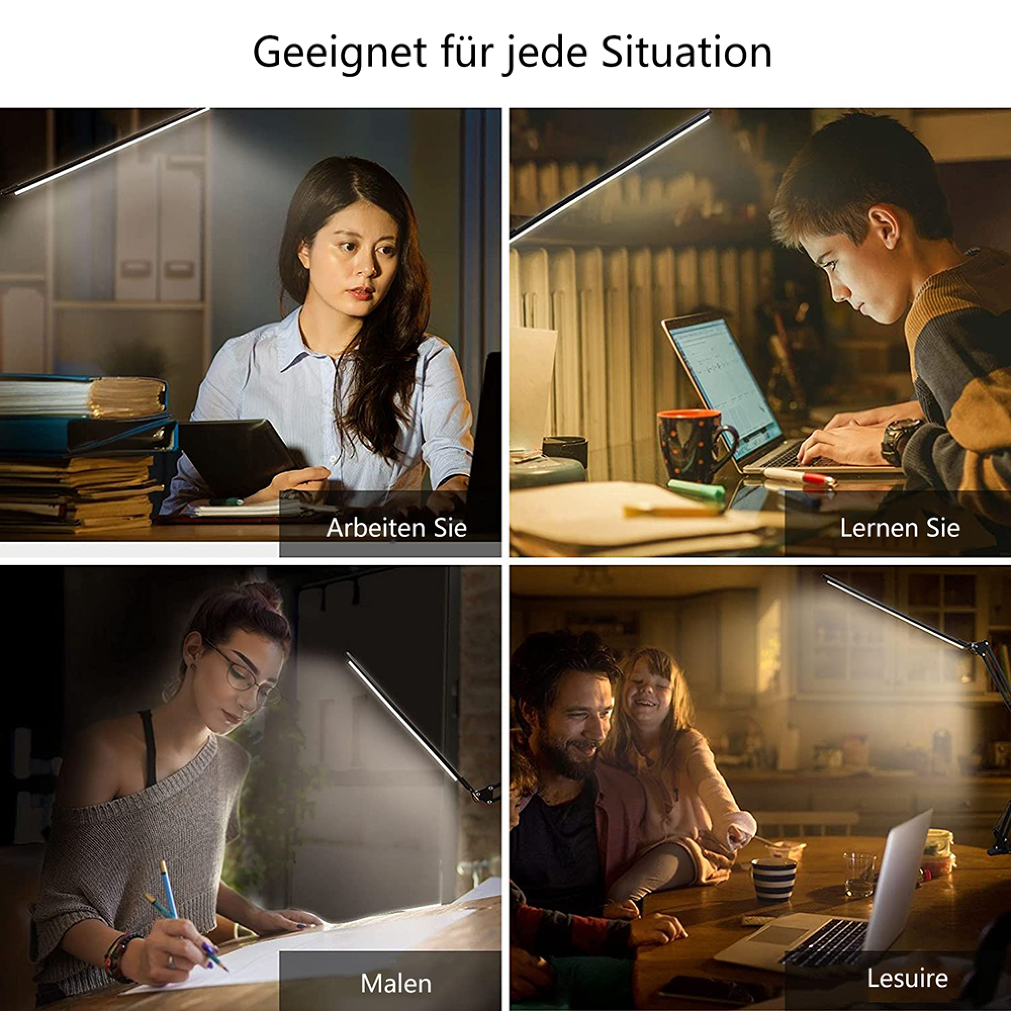 Vier Szenen zeigen Menschen bei Arbeit, Lernen, Malen und Freizeit unter einer Schreibtischlampe.