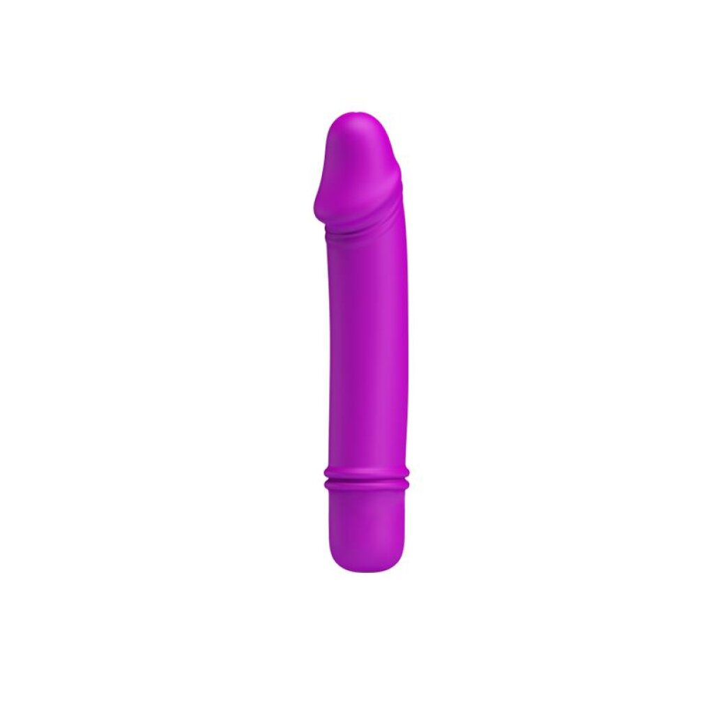 Eine lila Vibrator steht auf weißem Hintergrund.