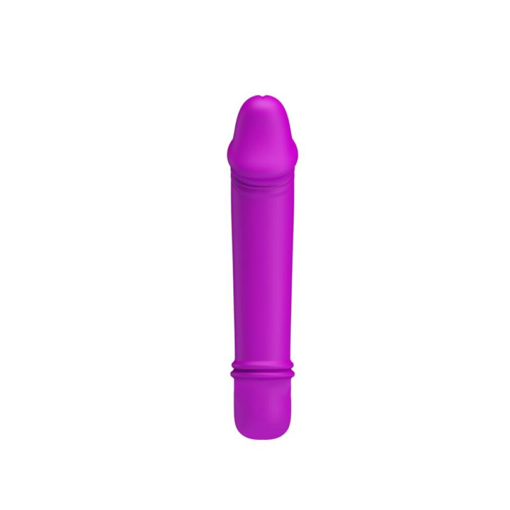 Ein violetter Vibrator mit einer gerillten Spitze und einem glatten Schaft.