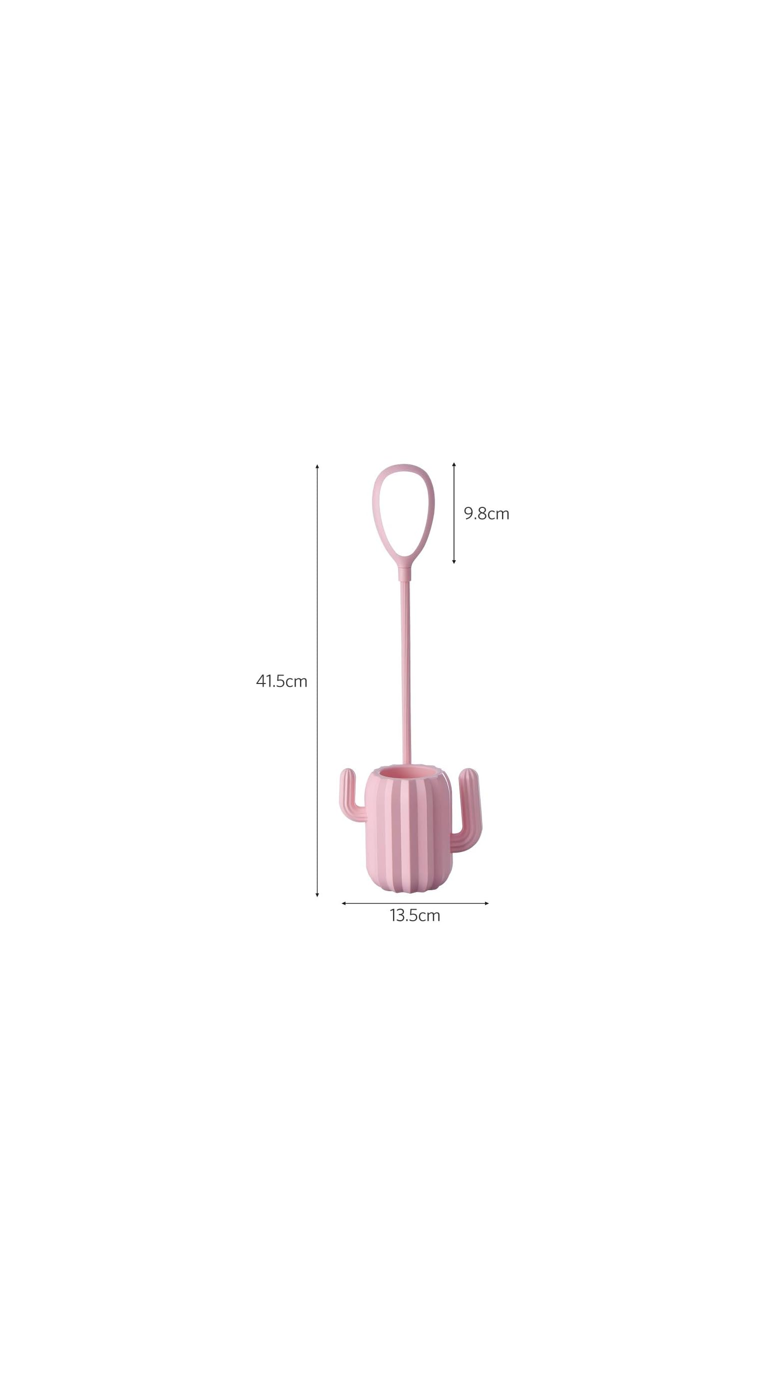 Ein rosa Kaktusförmiger Toilettenbürstenhalter mit Bürste.