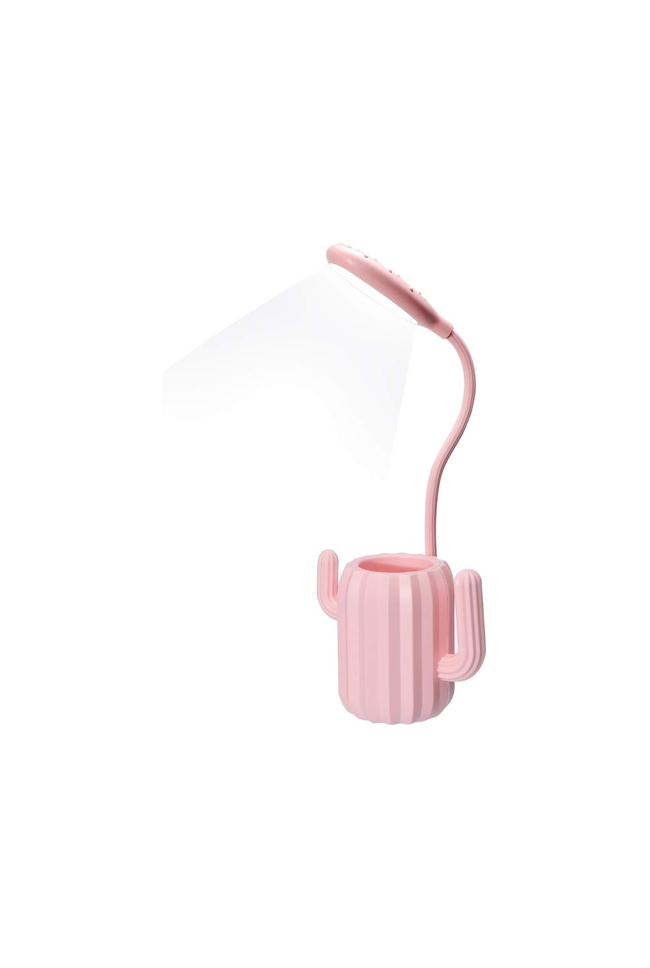 Eine rosafarbene Lampe in Kaktusform mit einem flexiblen Arm und einem Stiftehalter.