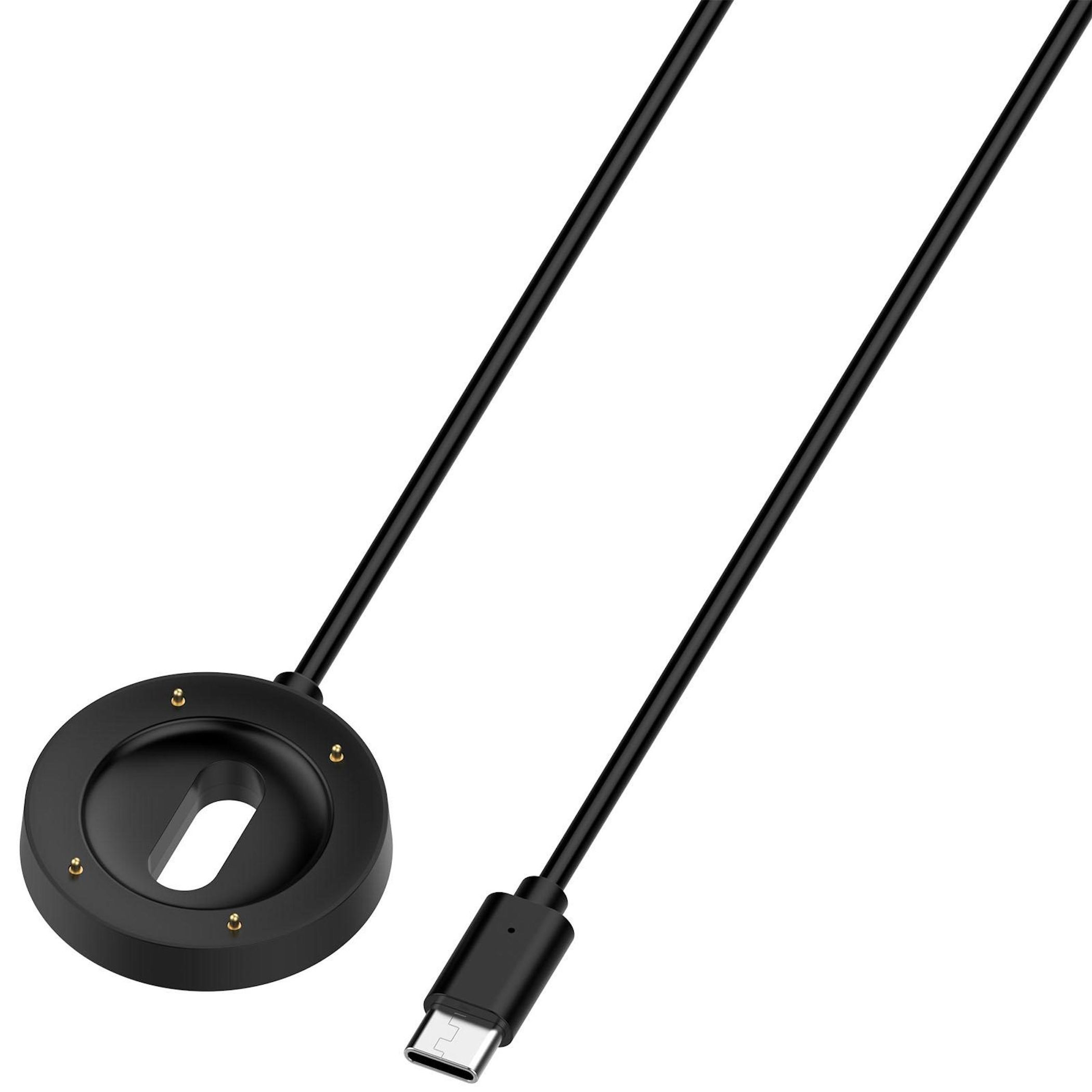 Schwarzes USB-C-Ladekabel mit rundem Magnetanschluss für Smartwatches.
