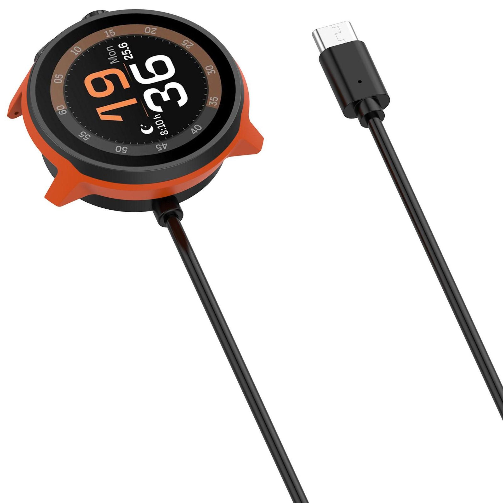 Orange Smartwatch mit USB-C-Ladekabel, zeigt 19:36 Uhr und 25.6 an.