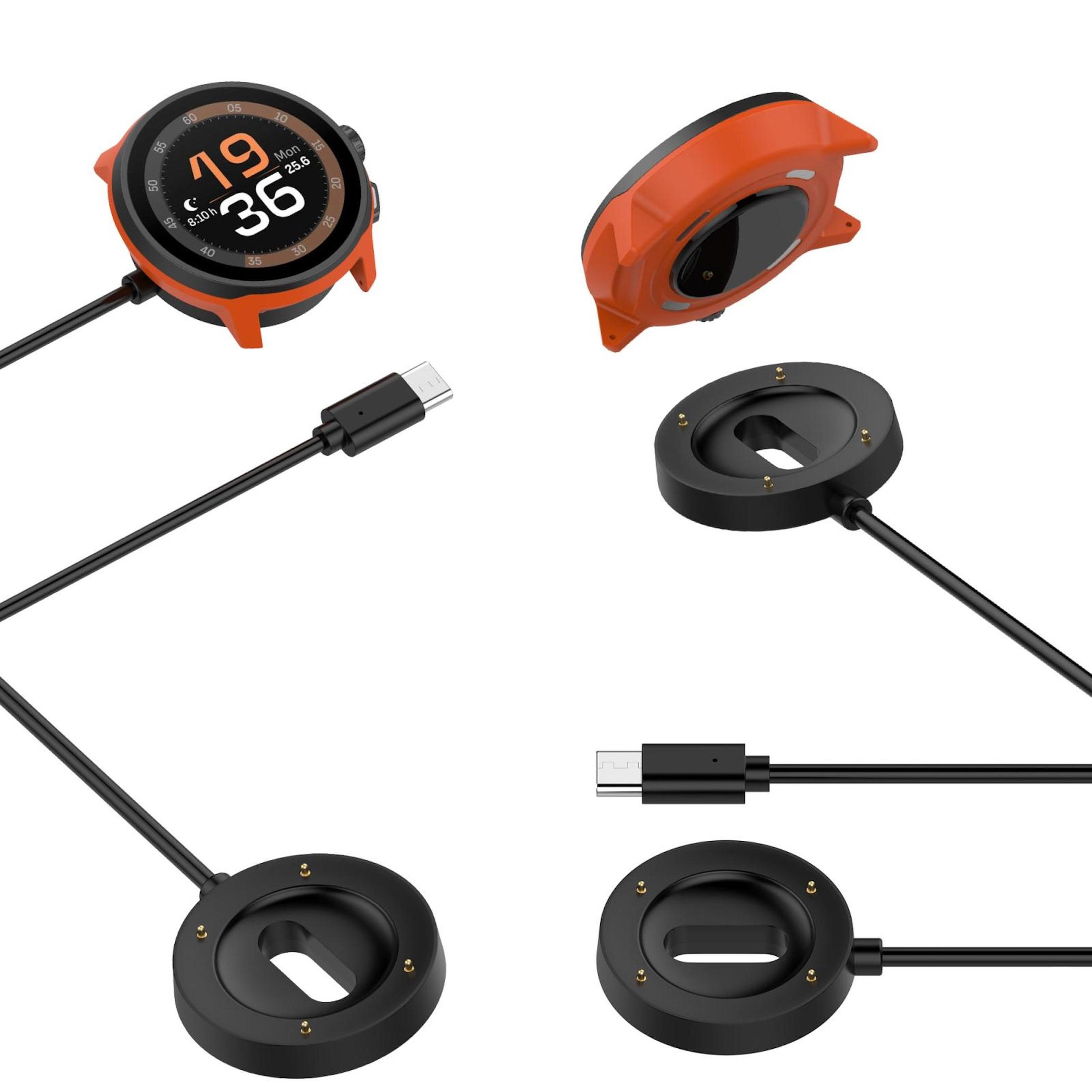 Orange Smartwatch mit Ladekabel und Ladeschale, zeigt 19:36 an.