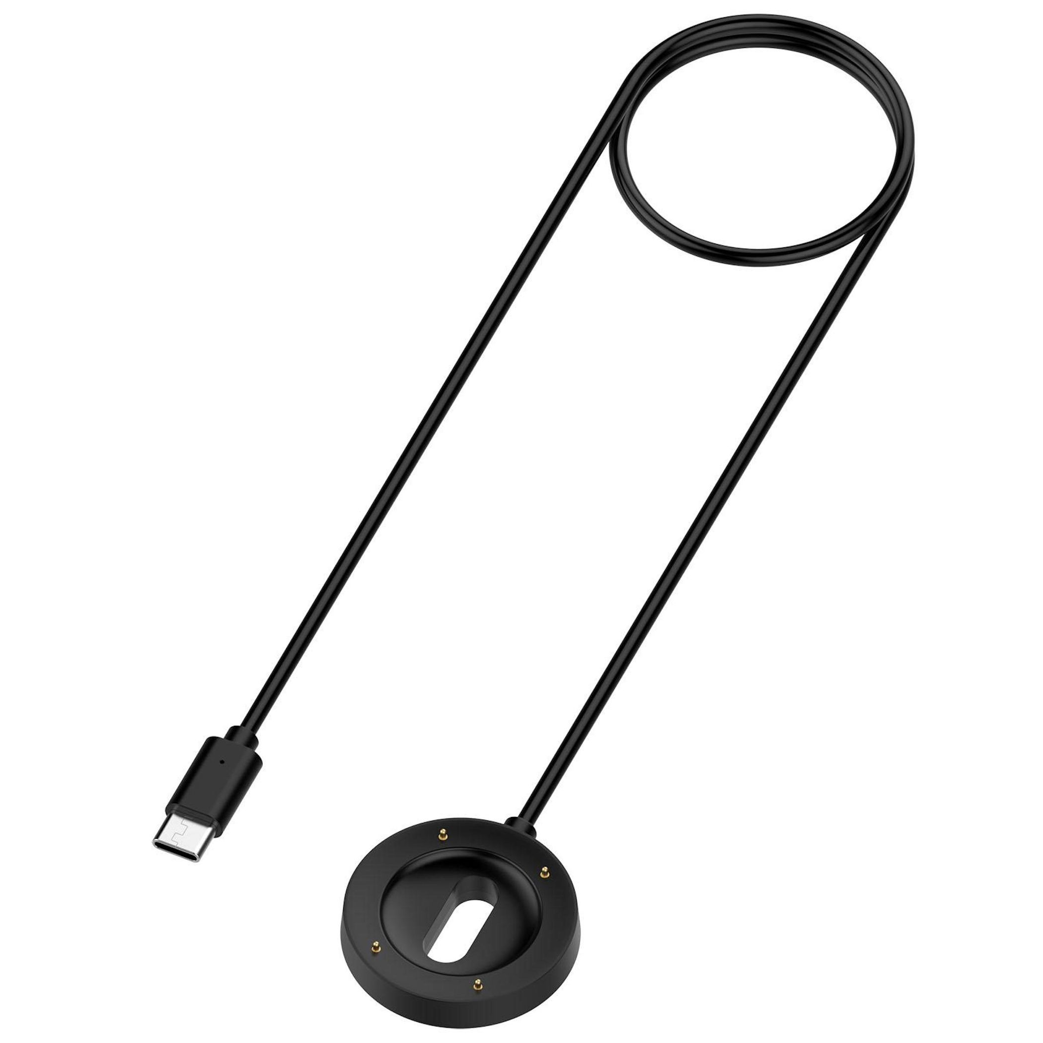 Ein schwarzes USB-C-Kabel mit einem runden Ladeanschluss.