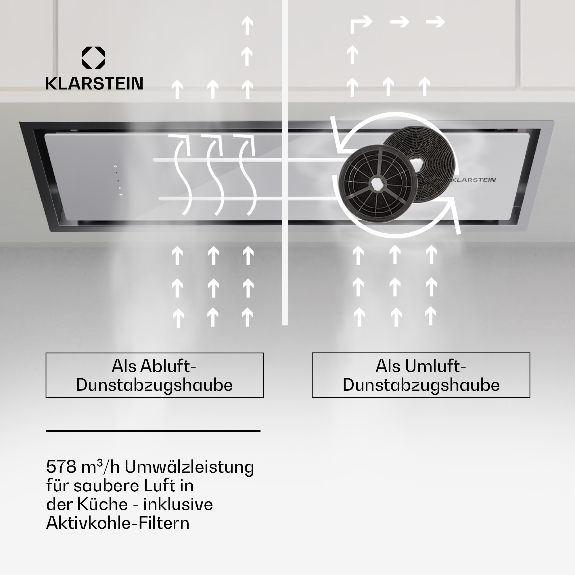 Dunstabzugshaube mit Abluft- und Umluftoptionen, zeigt Filter und Luftstrom.