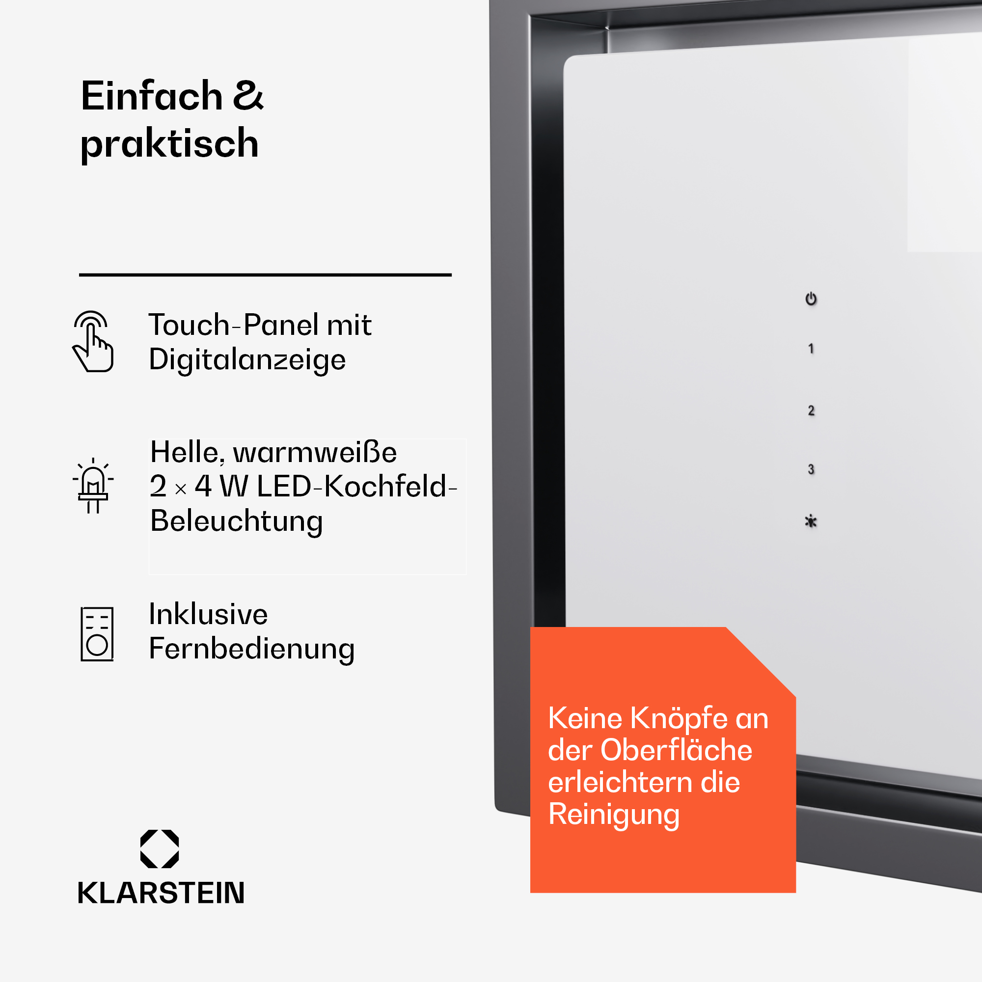 Moderner Kochfeld mit Touch-Panel, LED-Beleuchtung und Fernbedienung.