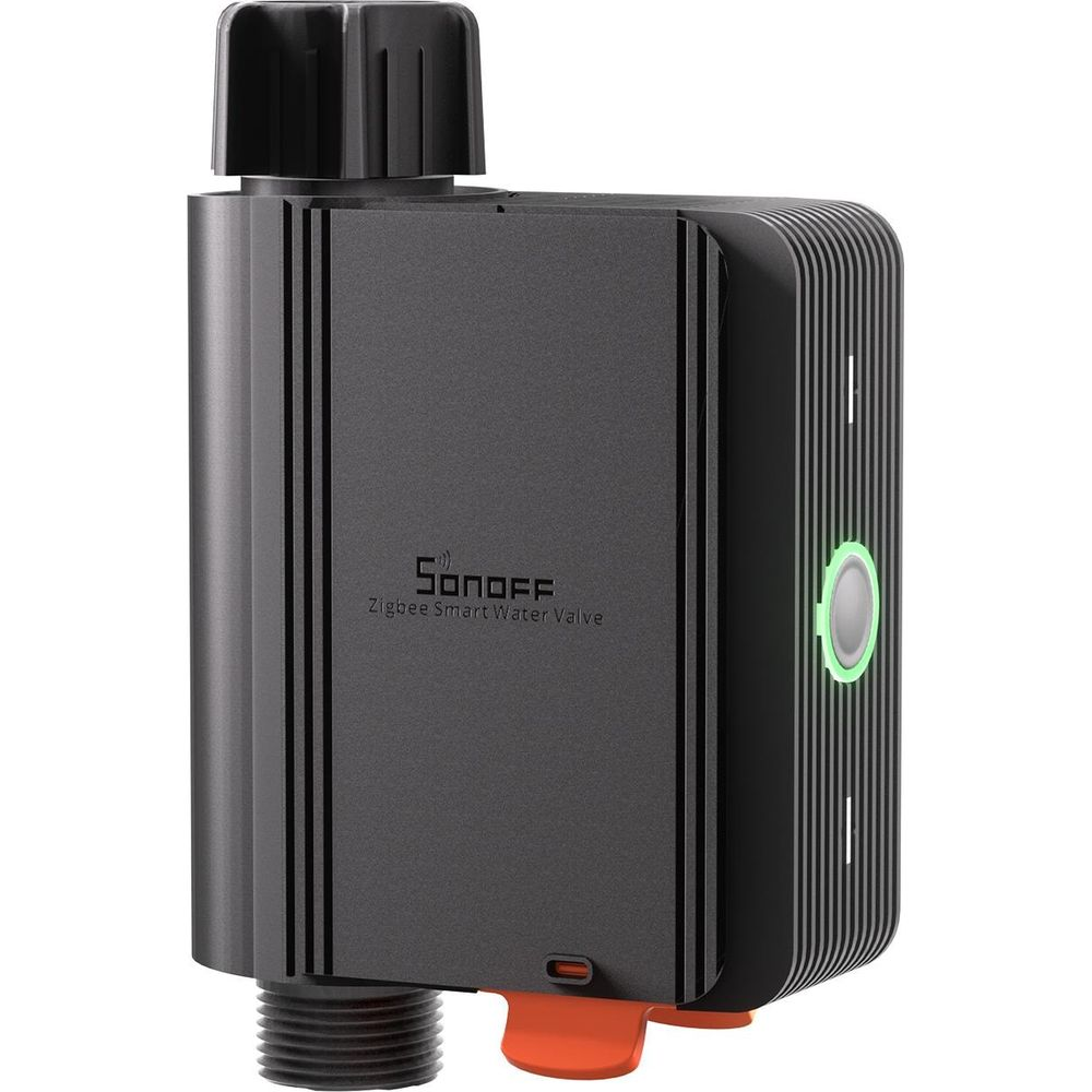 Ein schwarzes smartes Wasserventil mit einem Drehknopf oben und einem grünen leuchtenden Kreis.