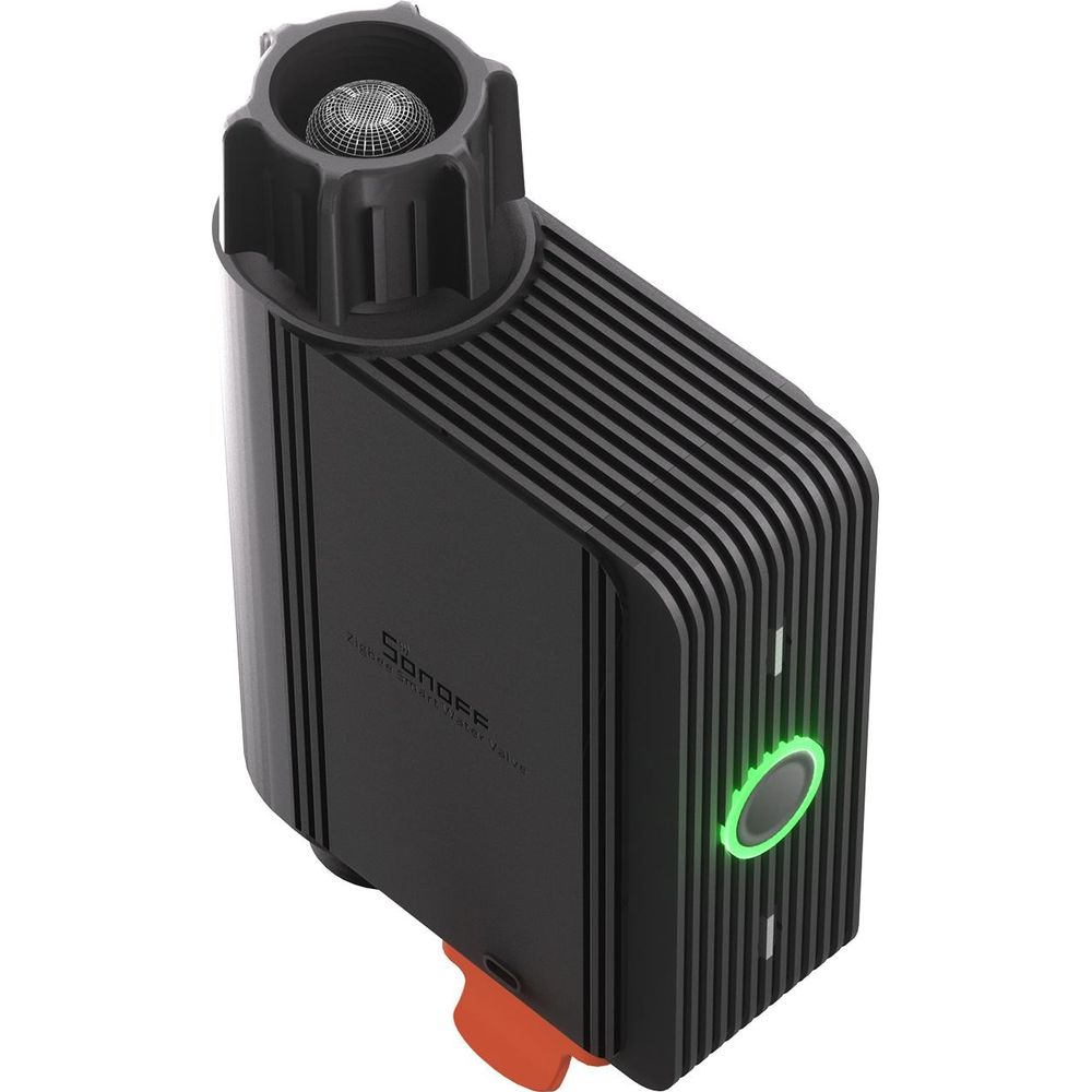 Schwarzer smarter Wasserventil-Controller mit orangefarbenem Hebel und leuchtend grünem Knopf.