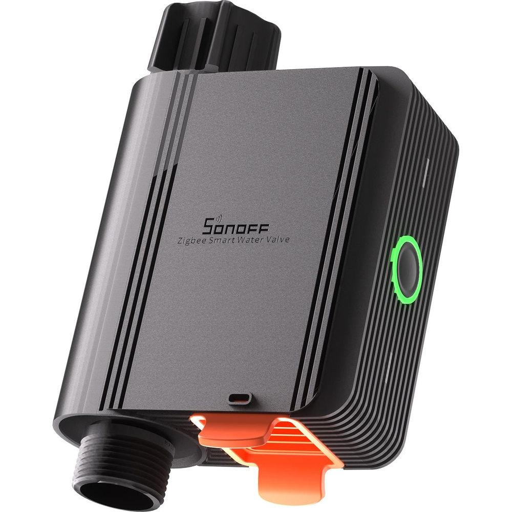 Ein grauer smarter Wasserventil von Sonoff mit orangefarbenen und grünen Akzenten.