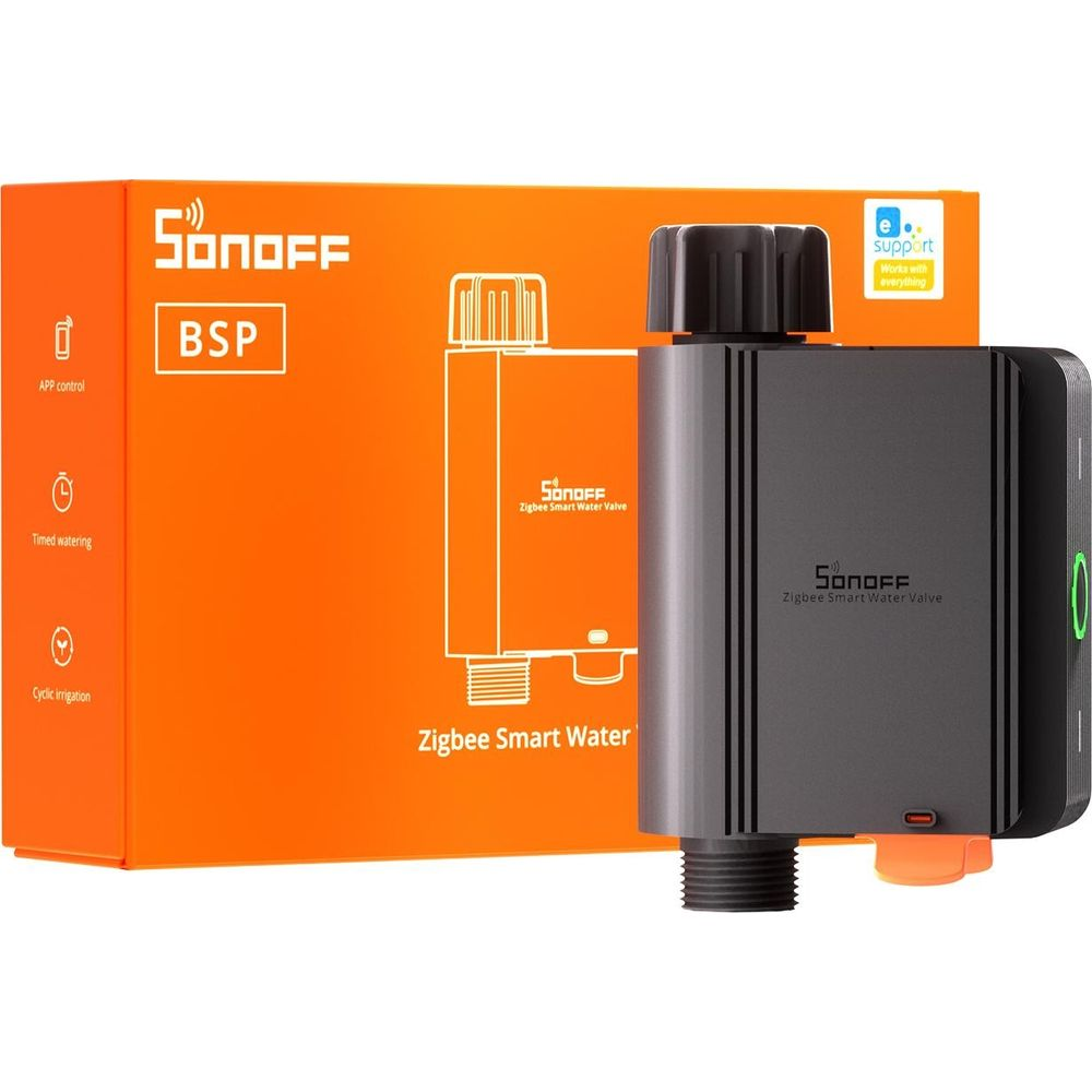 Sonoff Zigbee Smart Water Valve mit Verpackung. Grauer Hauptteil, orangefarbene Box.