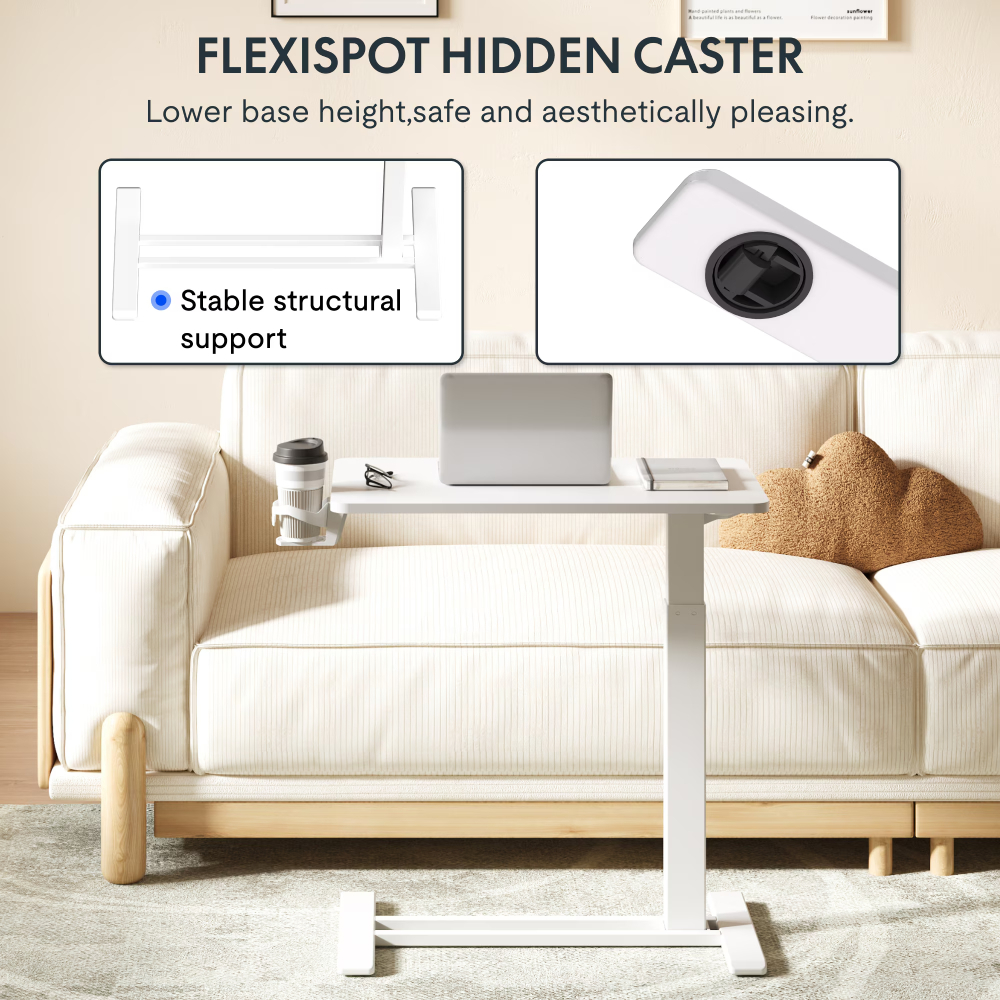 Table blanche avec ordinateur portable, tasse, lunettes sur canapé. Texte: Flexispot Hidden Caster.