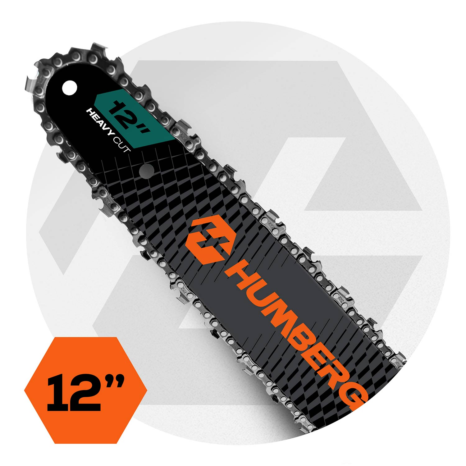 12-calowa prowadnica do piły łańcuchowej z napisem "HUMBERG" i "HEAVY CUT".