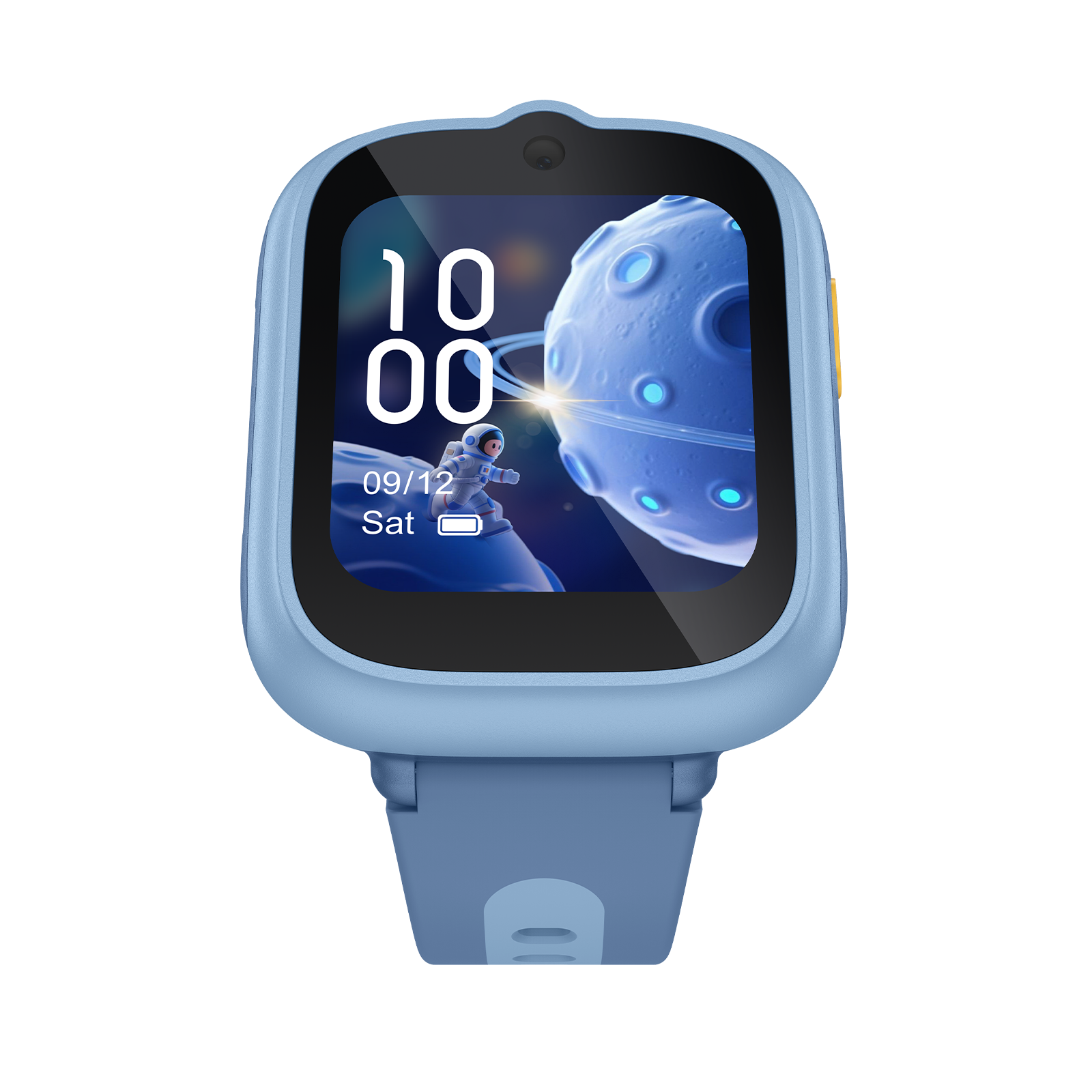 Eine hellblaue Smartwatch mit einem Weltraum-Hintergrundbild. Zeigt 10:00 Uhr an.