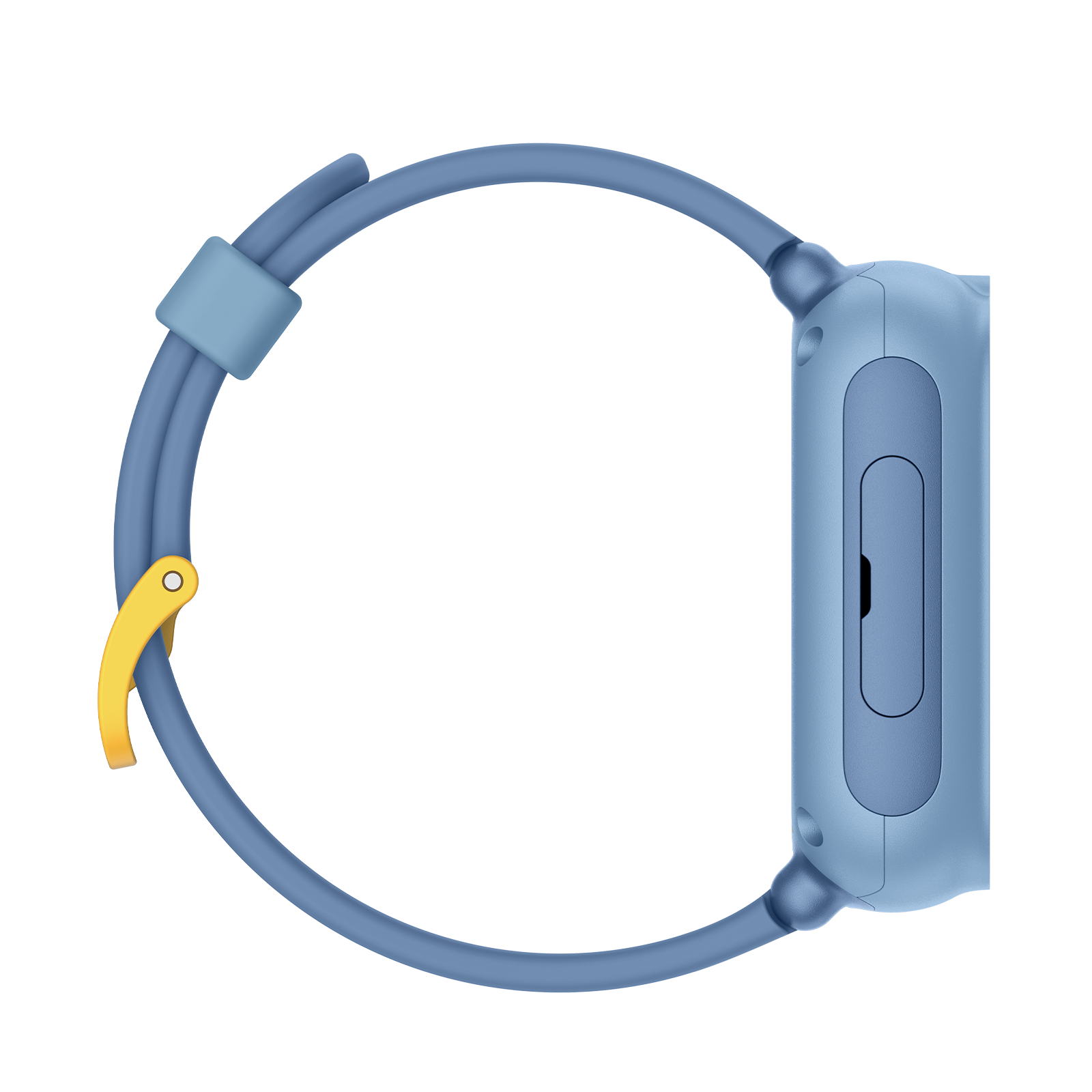Ein blaues Smartwatch-Armband mit einem gelben Verschlussdetail und einem Teil des Gehäuses.