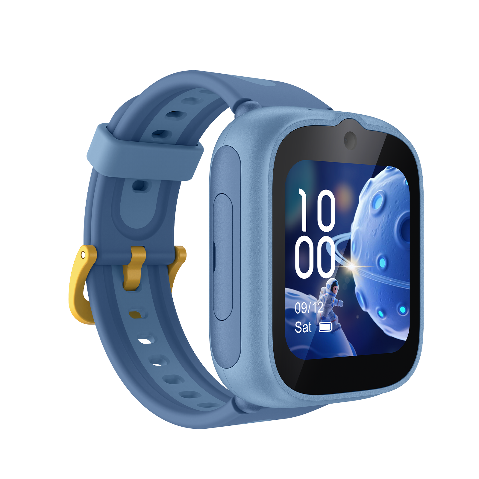 Eine blaue Smartwatch mit Astronauten-Hintergrund und gelbem Verschluss.