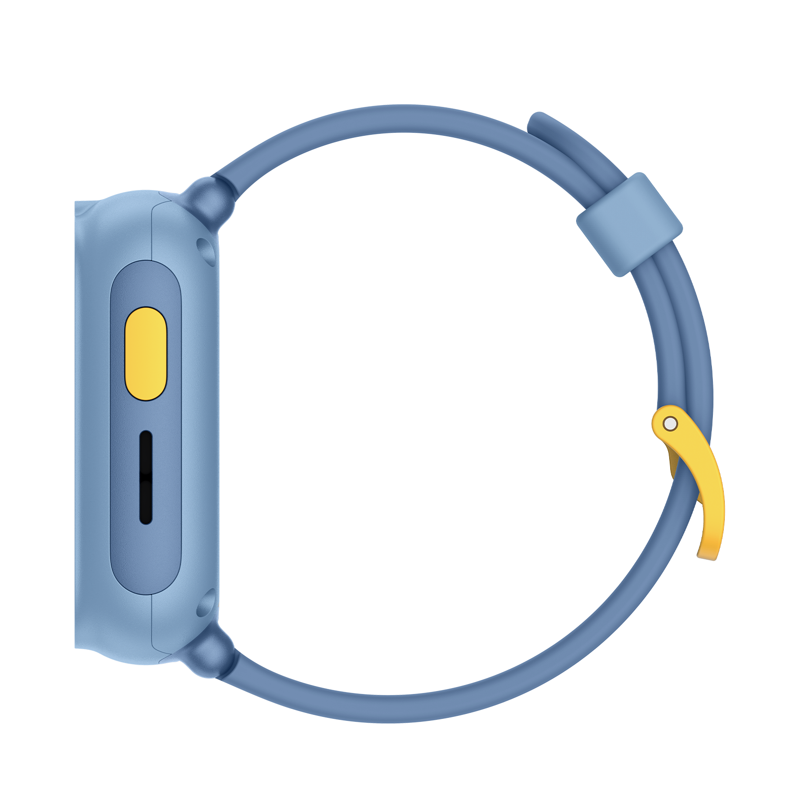 Blaue Smartwatch mit gelbem Knopf und Band im Profil.