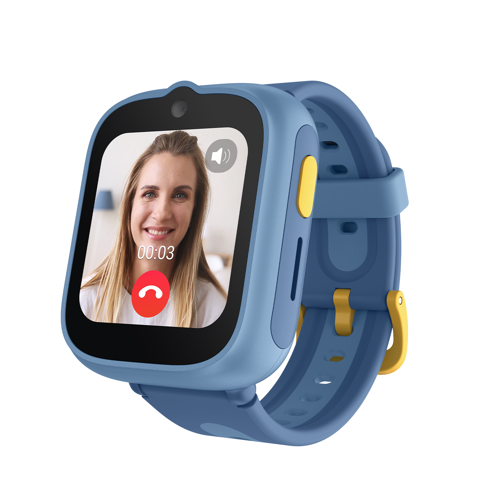 Eine blaue Smartwatch zeigt ein Videoanruf-Display mit einer lächelnden Frau und einem roten Hörer-Symbol.