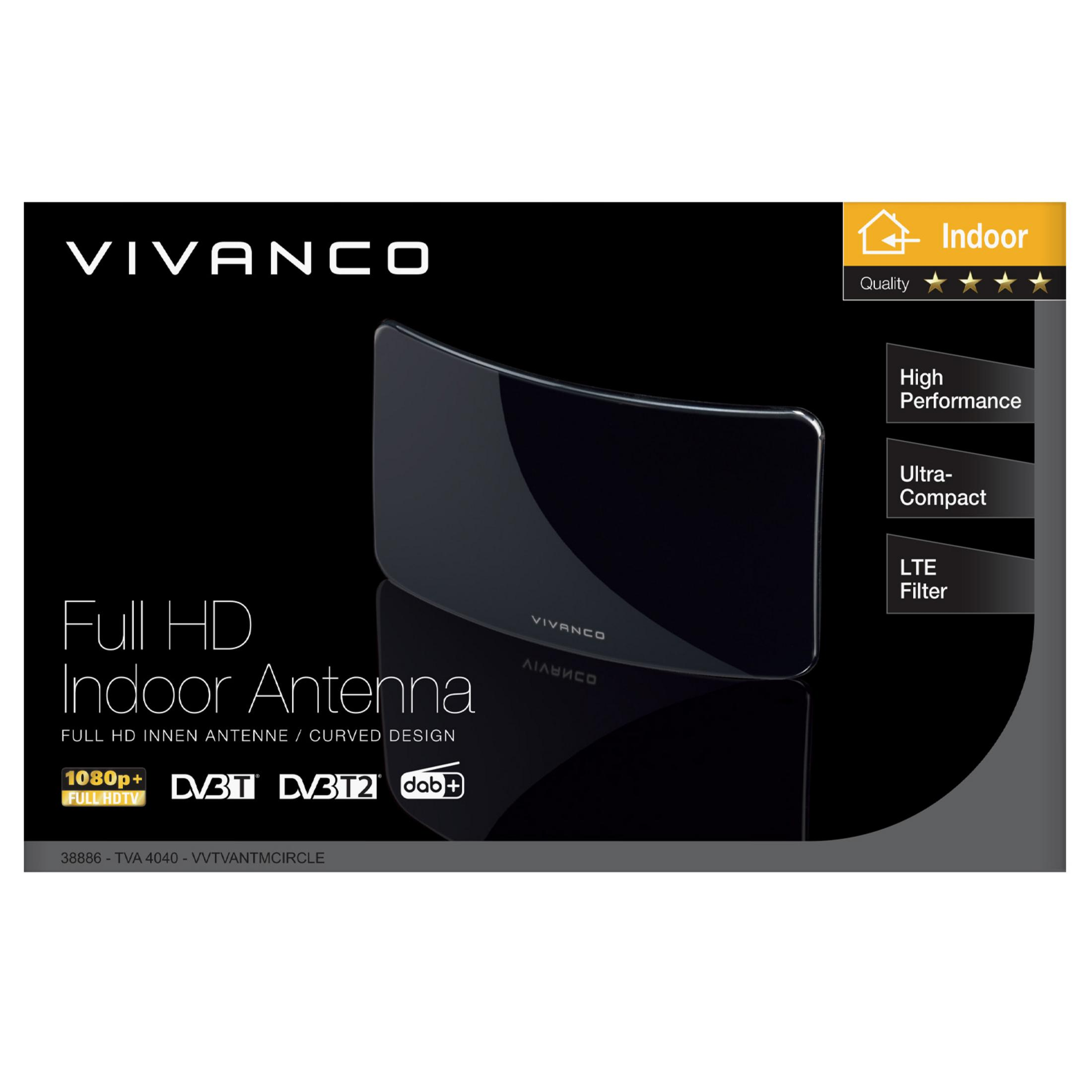 Antenna interna Vivanco Full HD nera, con testo 'Indoor' e 'Quality'.