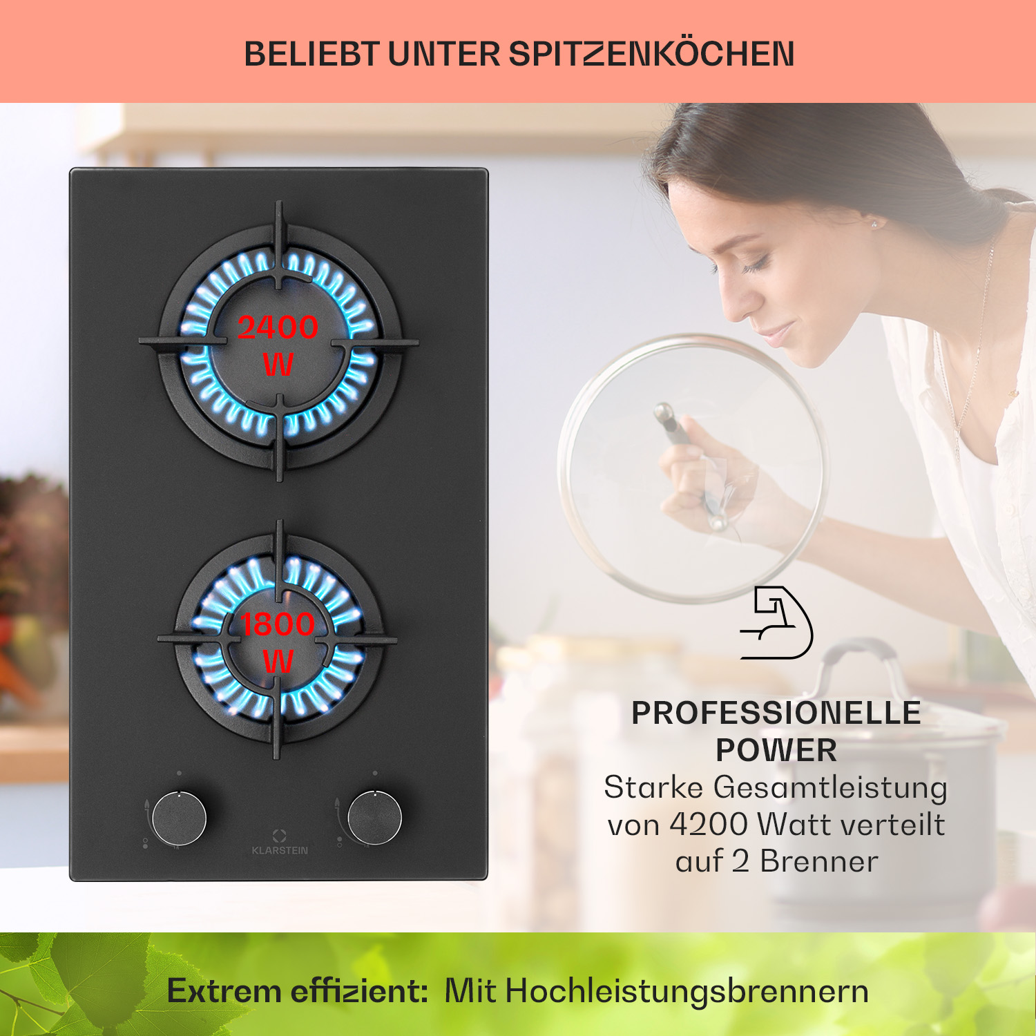 Schwarzer Kochfeld mit zwei brennenden Gasbrennern, 2400W und 1800W.