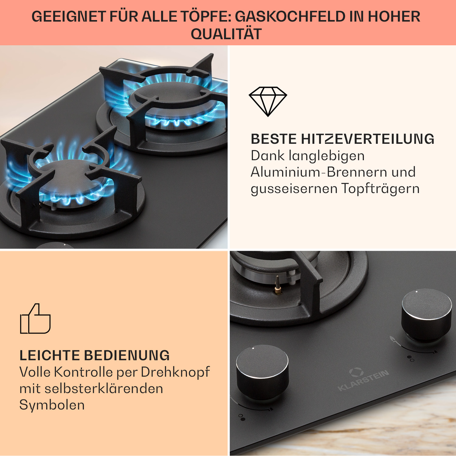 Schwarzes Gaskochfeld mit zwei brennenden Brennern, Symbolen und Bedienelementen.