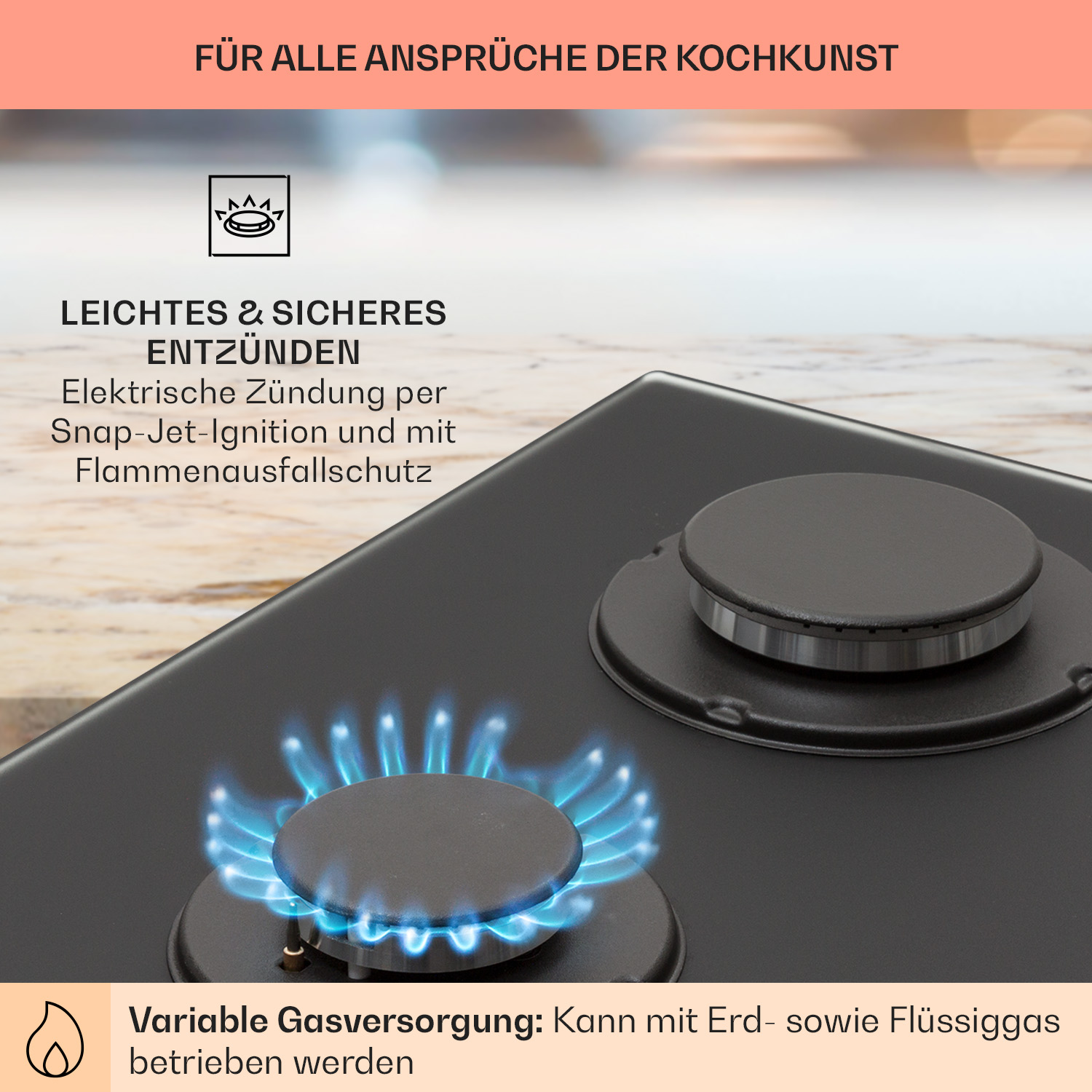 Ein Gasherd mit blauer Flamme, elektrische Zündung und variable Gasversorgung.