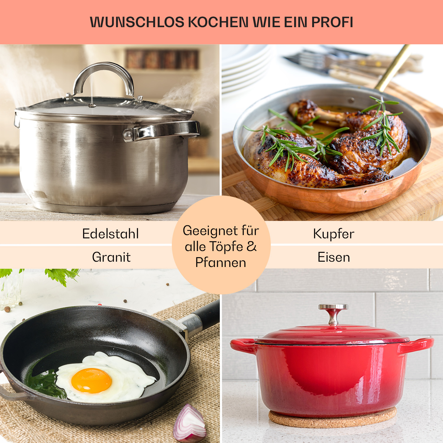 Vier Kochutensilien: Dampfender Topf, Brathähnchen, Spiegelei und roter Schmortopf.