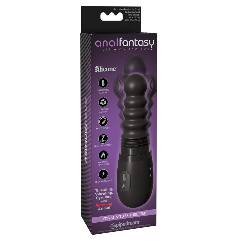 Schwarze Anal Fantasy Elite Collection Silikon-Gyration-Ass-Thruster-Verpackung mit Produktbild und Merkmalen.