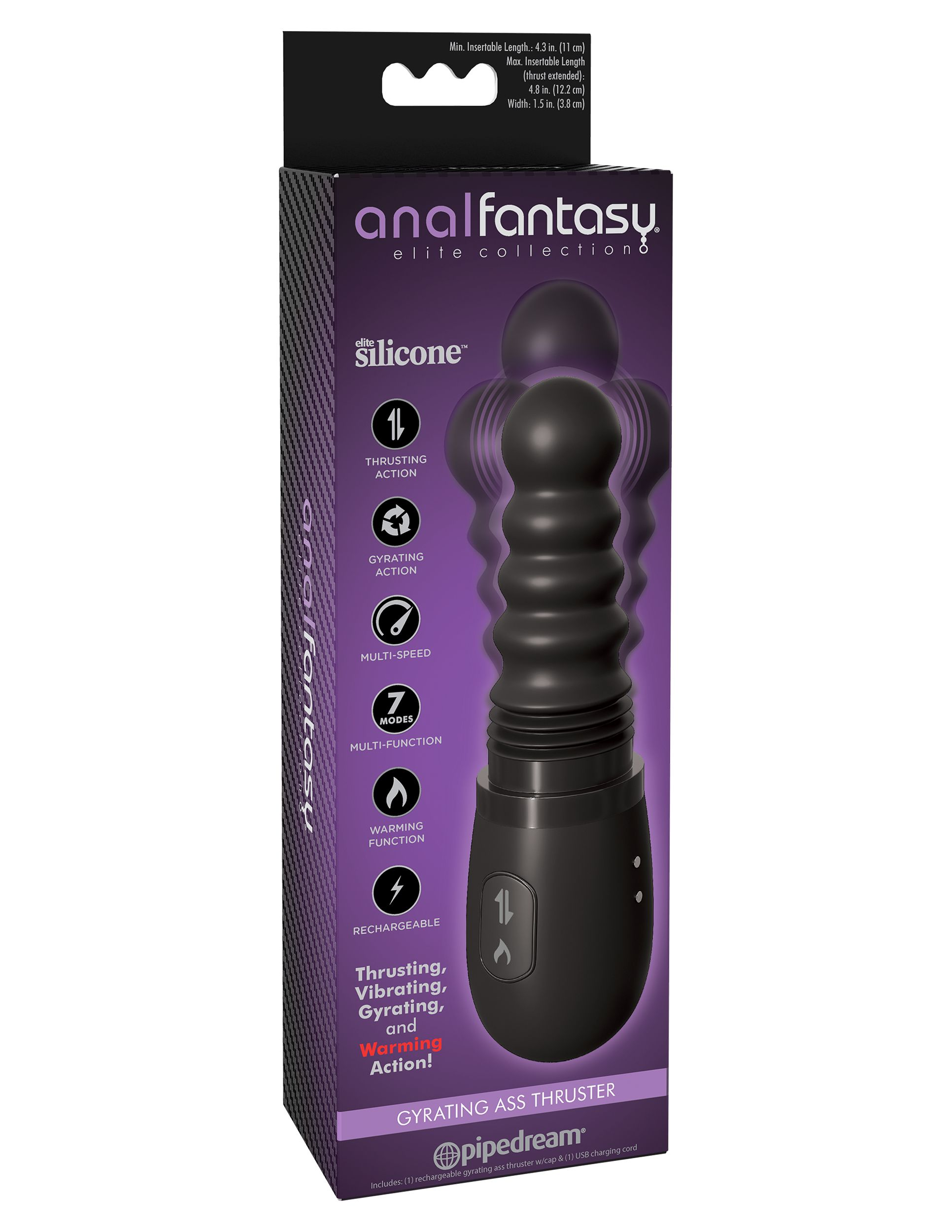 Verpackung eines schwarzen, gerippten Vibrators mit Text und Symbolen.