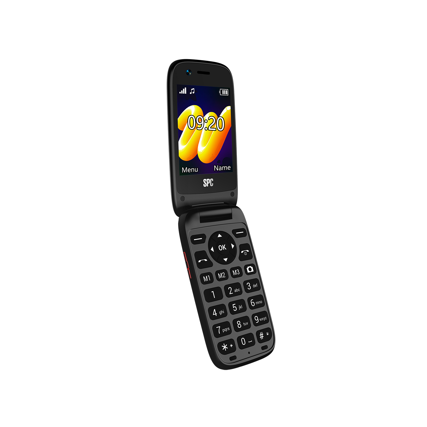 Ein schwarzes Klapphandy mit Zifferntastatur und Display, das 09:20 anzeigt.