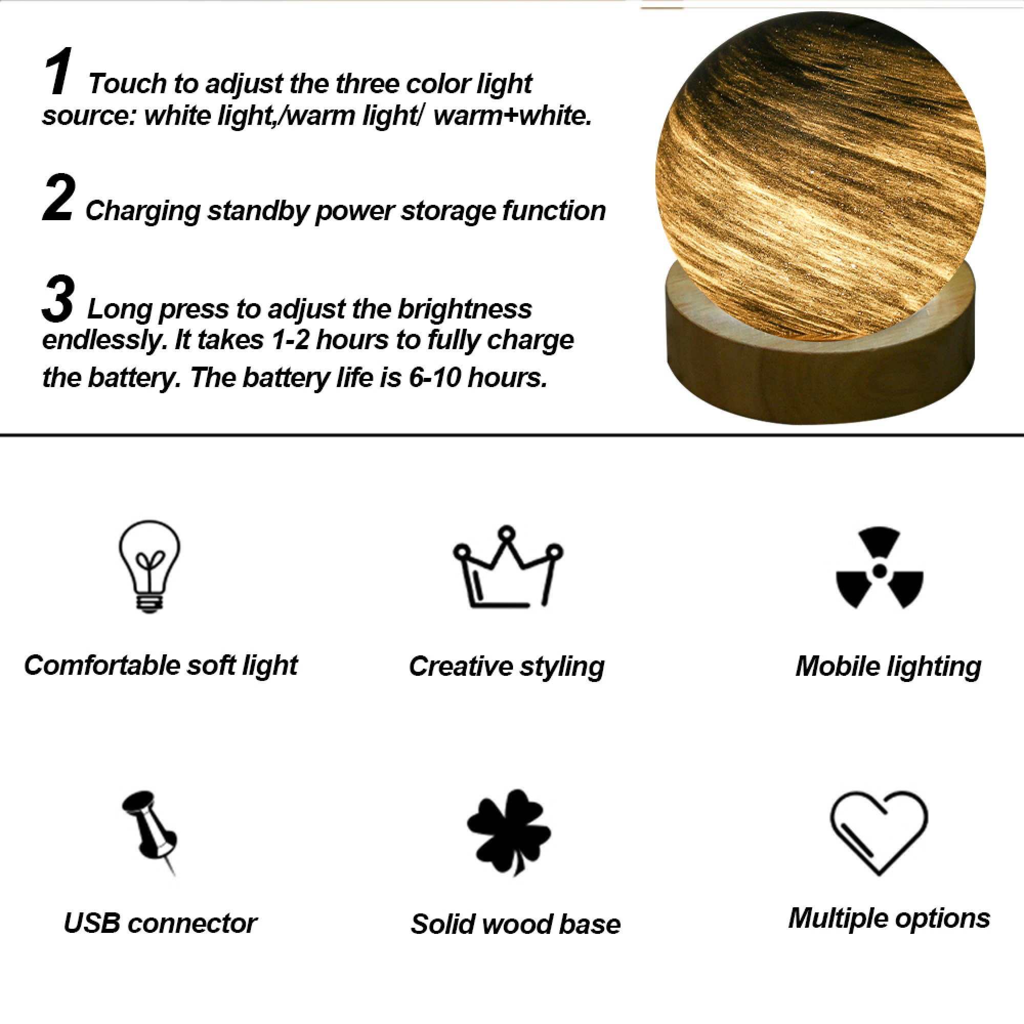 Eine Lampe mit einem Holzsockel und einem kugelförmigen Lampenschirm mit Holzmaserung.