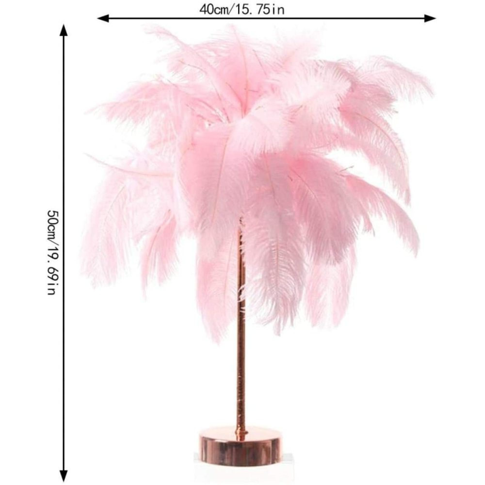 Ein rosa Feder-Tischlampen-Dekor auf einem runden Sockel.