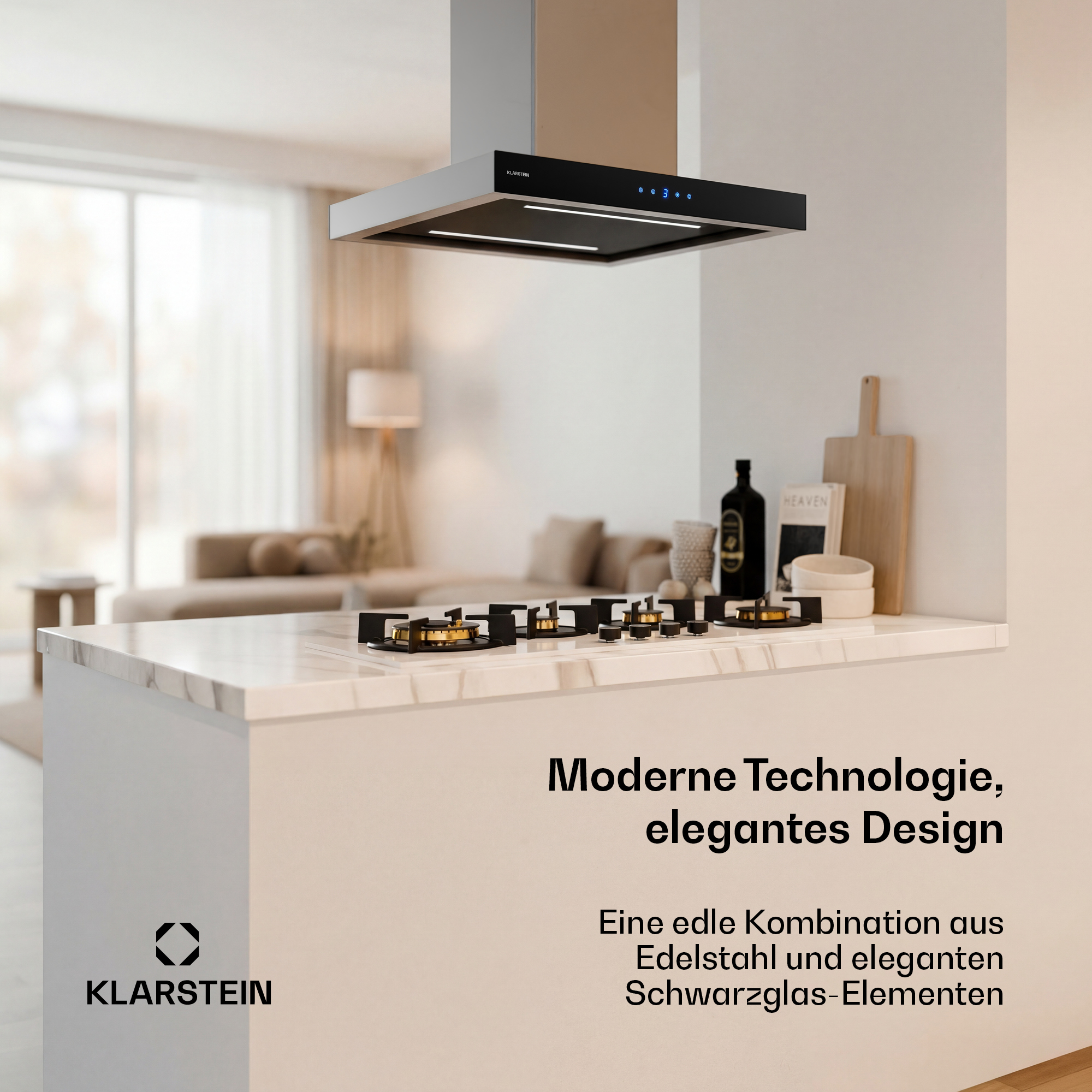 Cucina moderna con piano cottura, cappa e zona giorno.