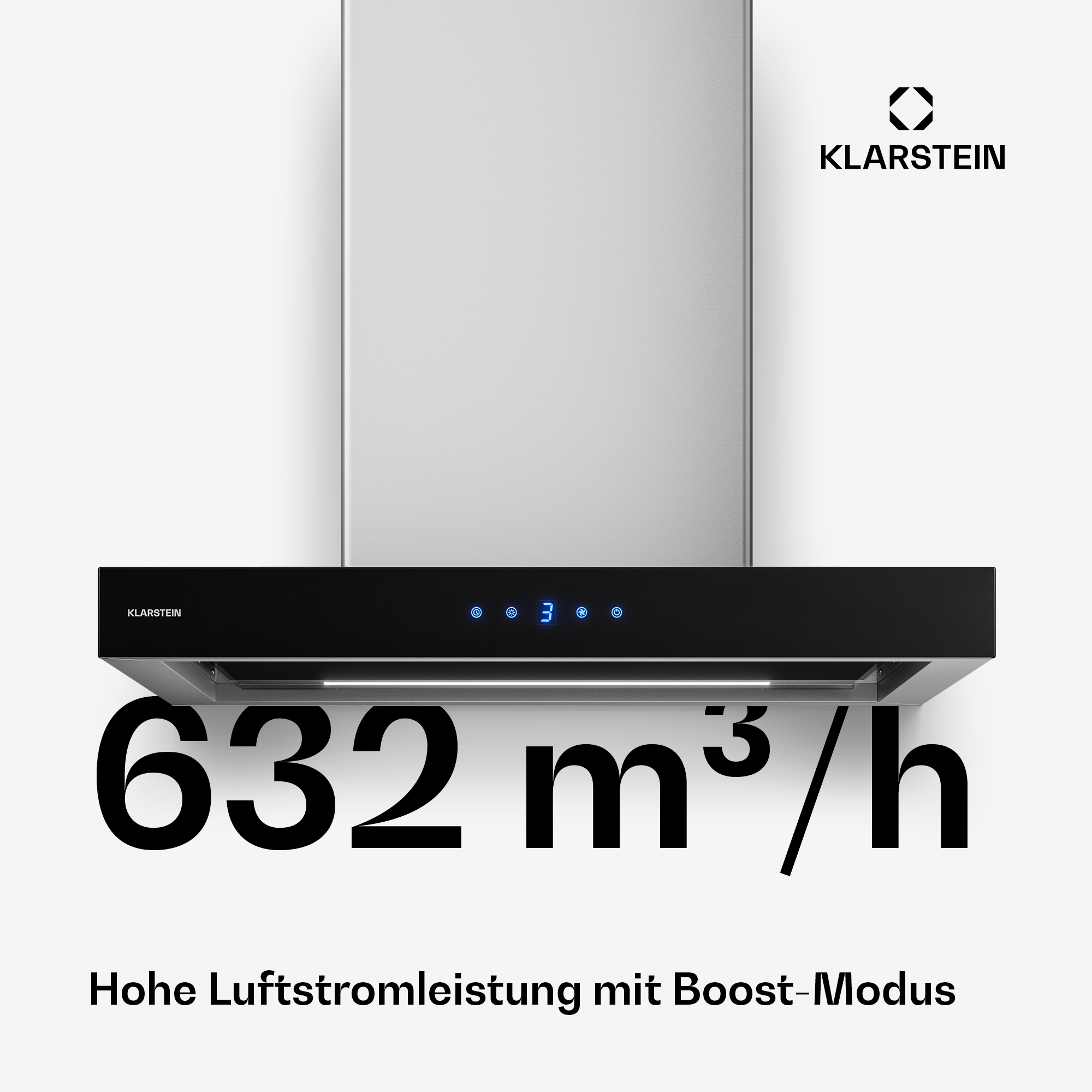 Cappa Klarstein con flusso d'aria di 632 m³/h e modalità boost.