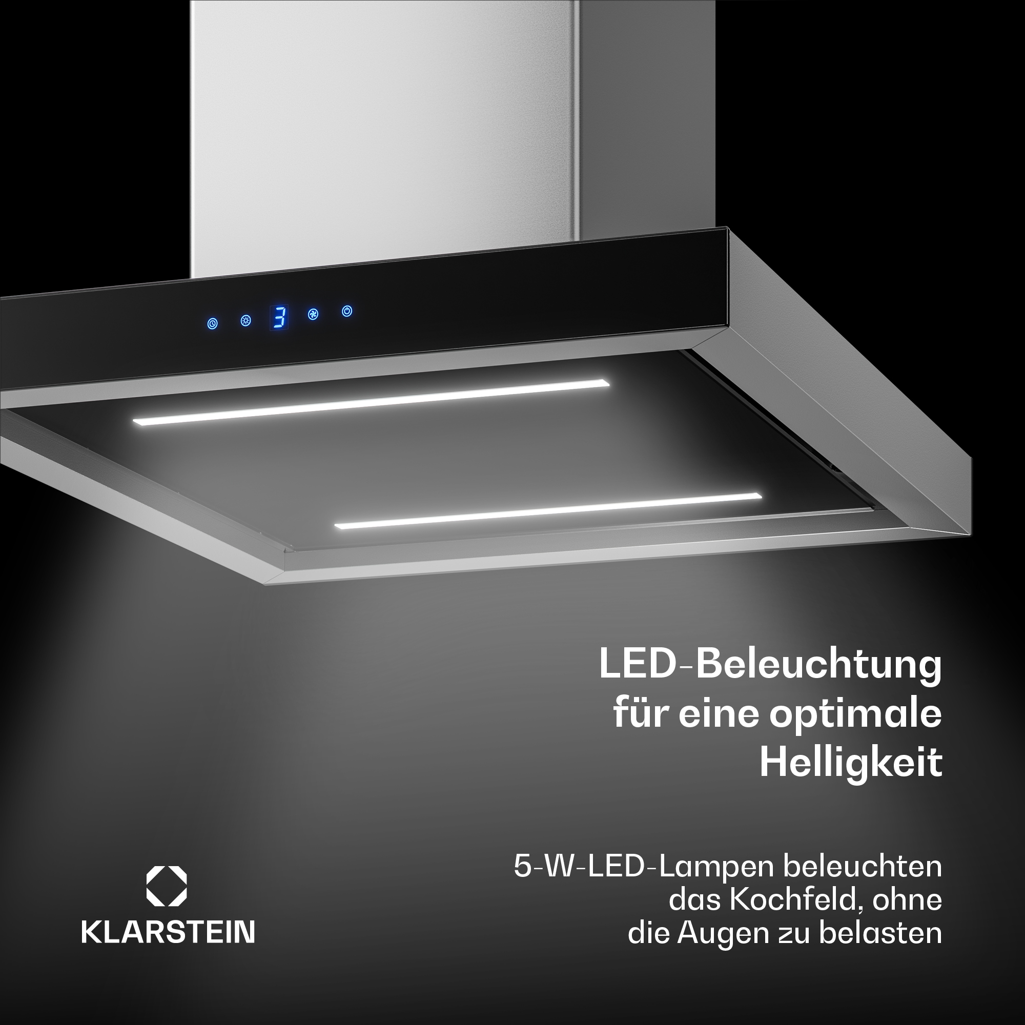 Edelstahl Dunstabzugshaube mit LED-Beleuchtung und digitaler Anzeige.