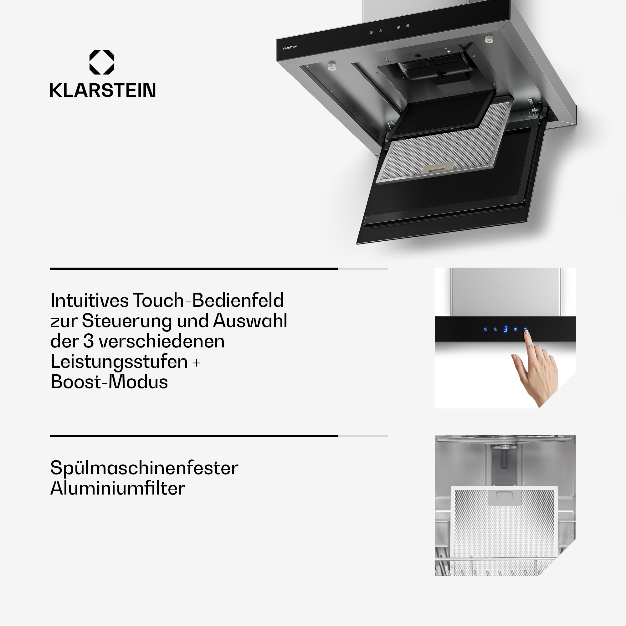 Klarstein Dunstabzugshaube mit Touch-Bedienfeld und Aluminiumfilter.