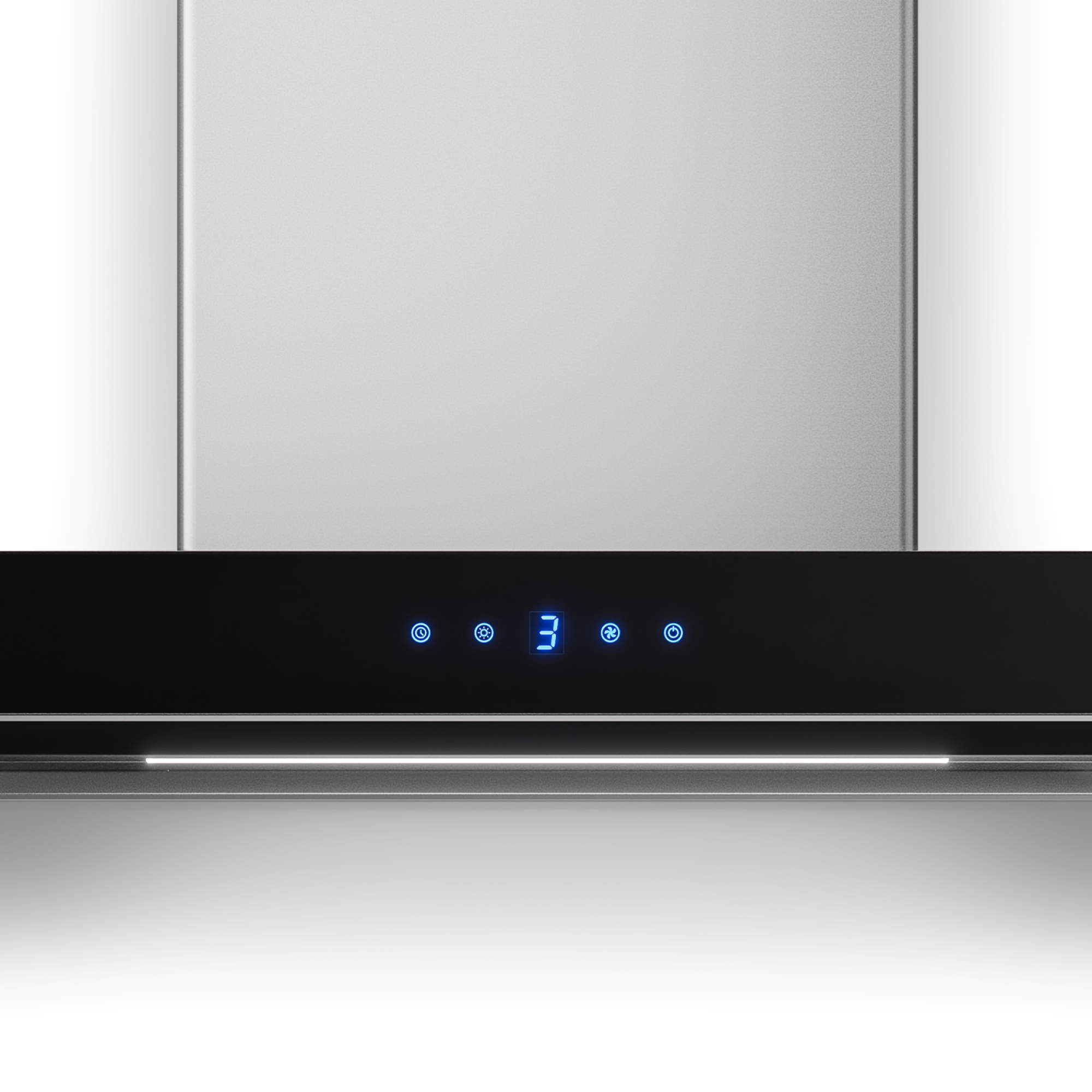 Cappa aspirante in acciaio inox con pannello nero e indicatori LED blu.