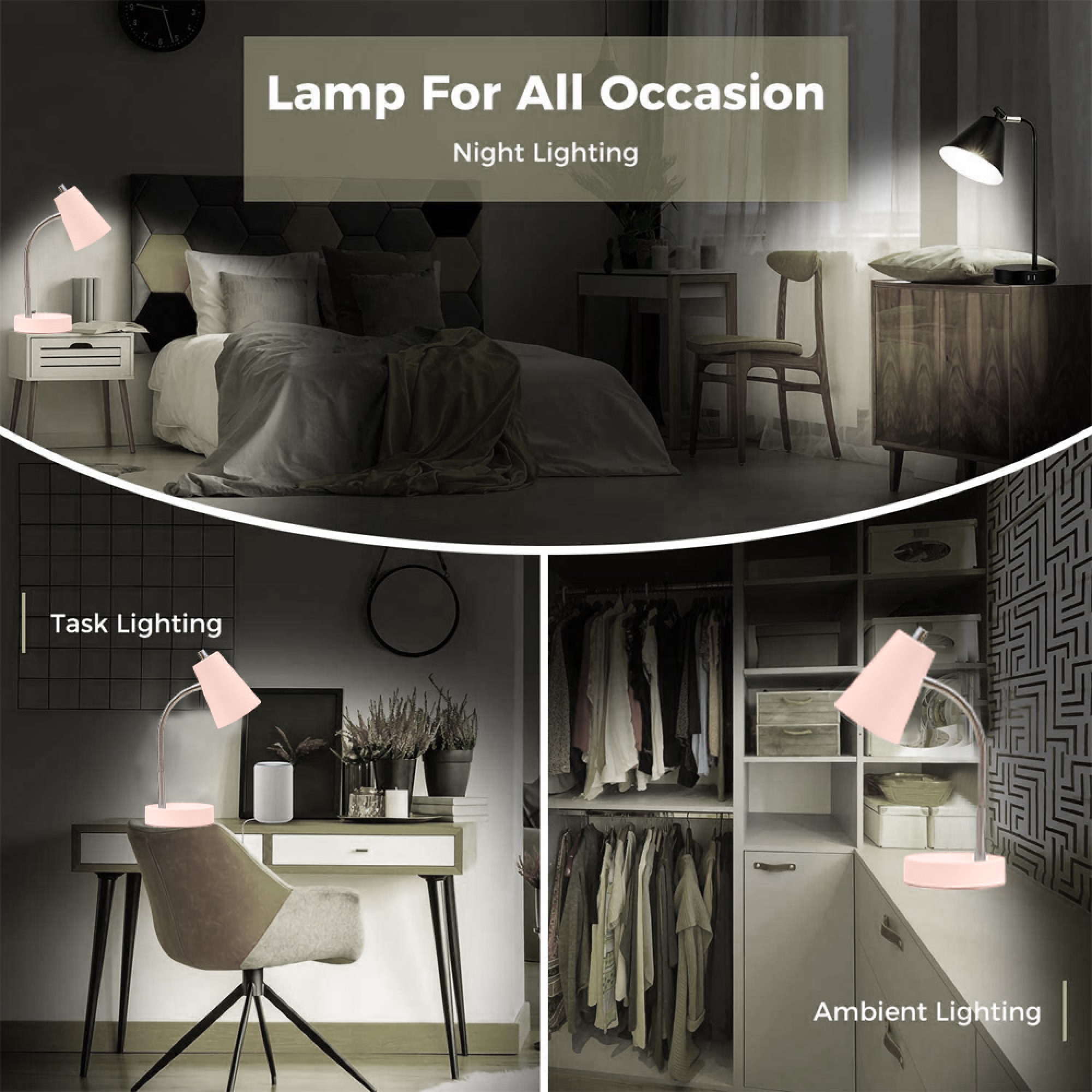 Drei Szenen zeigen eine Lampe in Schlafzimmer, Schreibtisch und begehbarem Kleiderschrank.