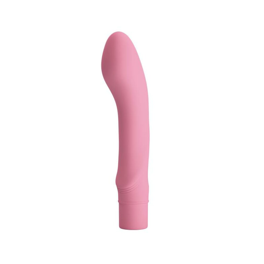 Ein rosafarbener Vibrator mit einer gekrümmten Spitze und einem breiteren Sockel.