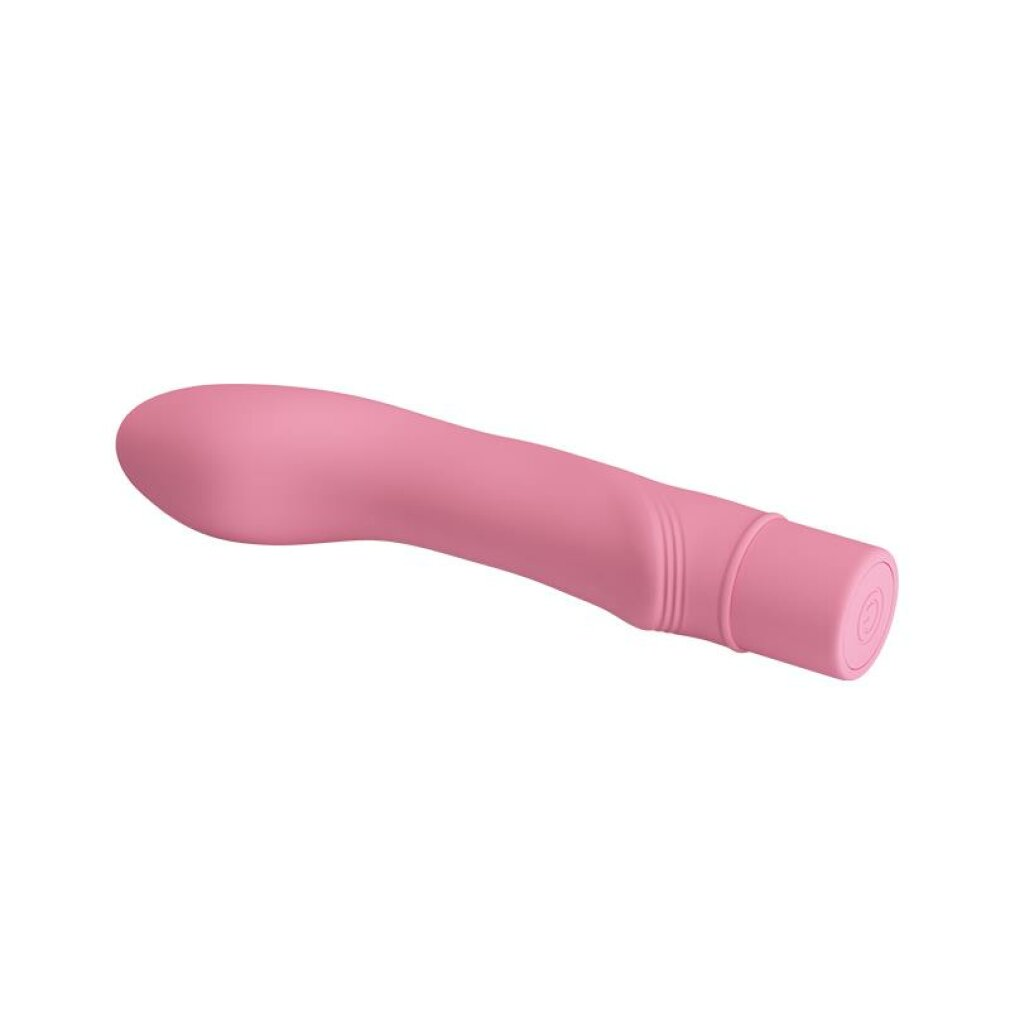 Ein rosafarbener Vibrator mit geschwungener Form und gerilltem Griff.