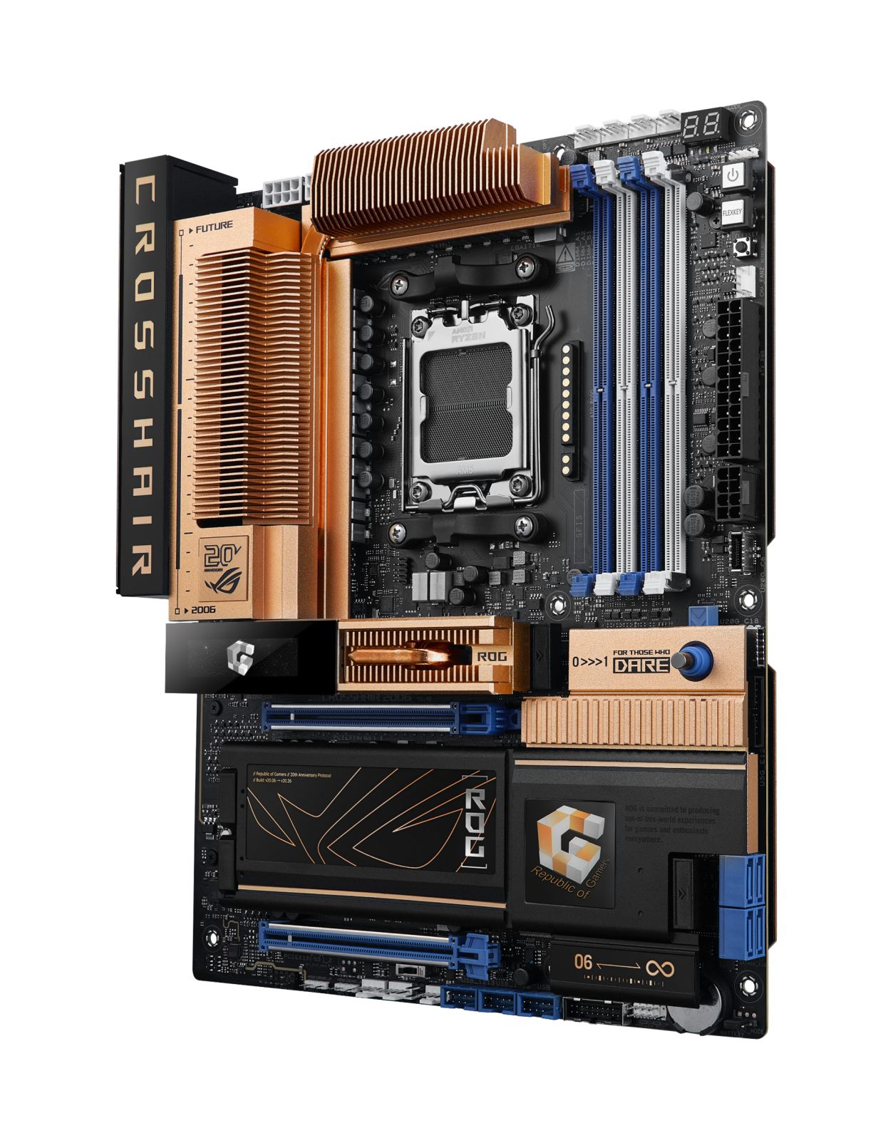 Una scheda madre nera con dissipatori in rame e slot RAM blu.