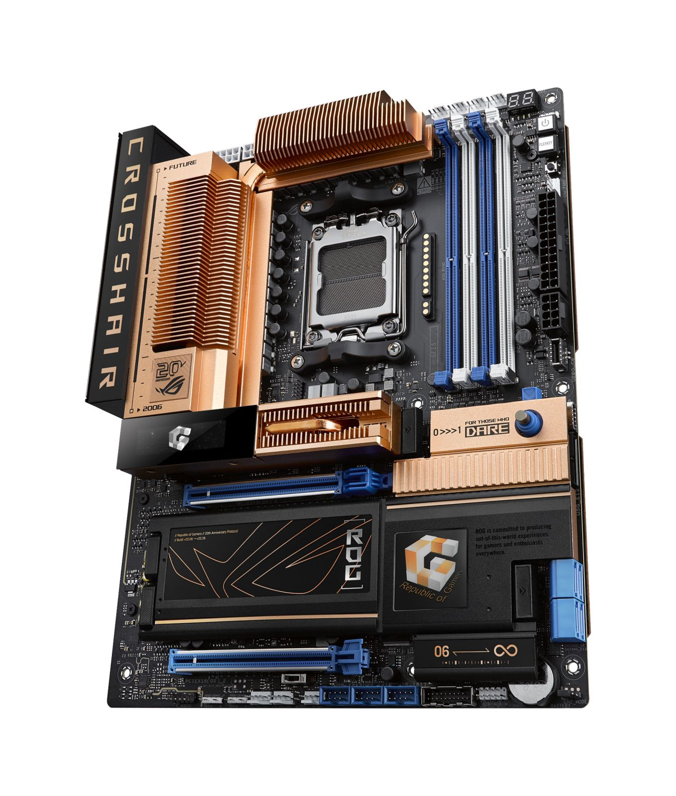 Una scheda madre nera con dissipatori in rame, slot RAM e socket CPU.