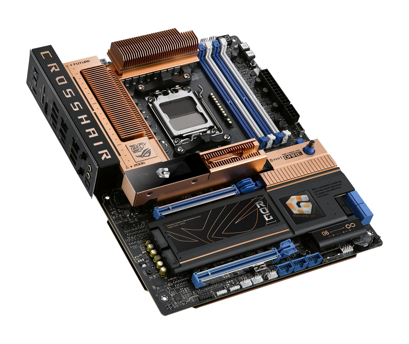 Una scheda madre per computer con dissipatori in rame e slot blu.