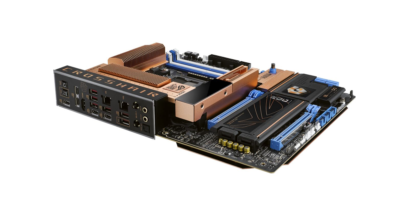 Una scheda madre nera per computer con dissipatori in rame e slot RAM blu.