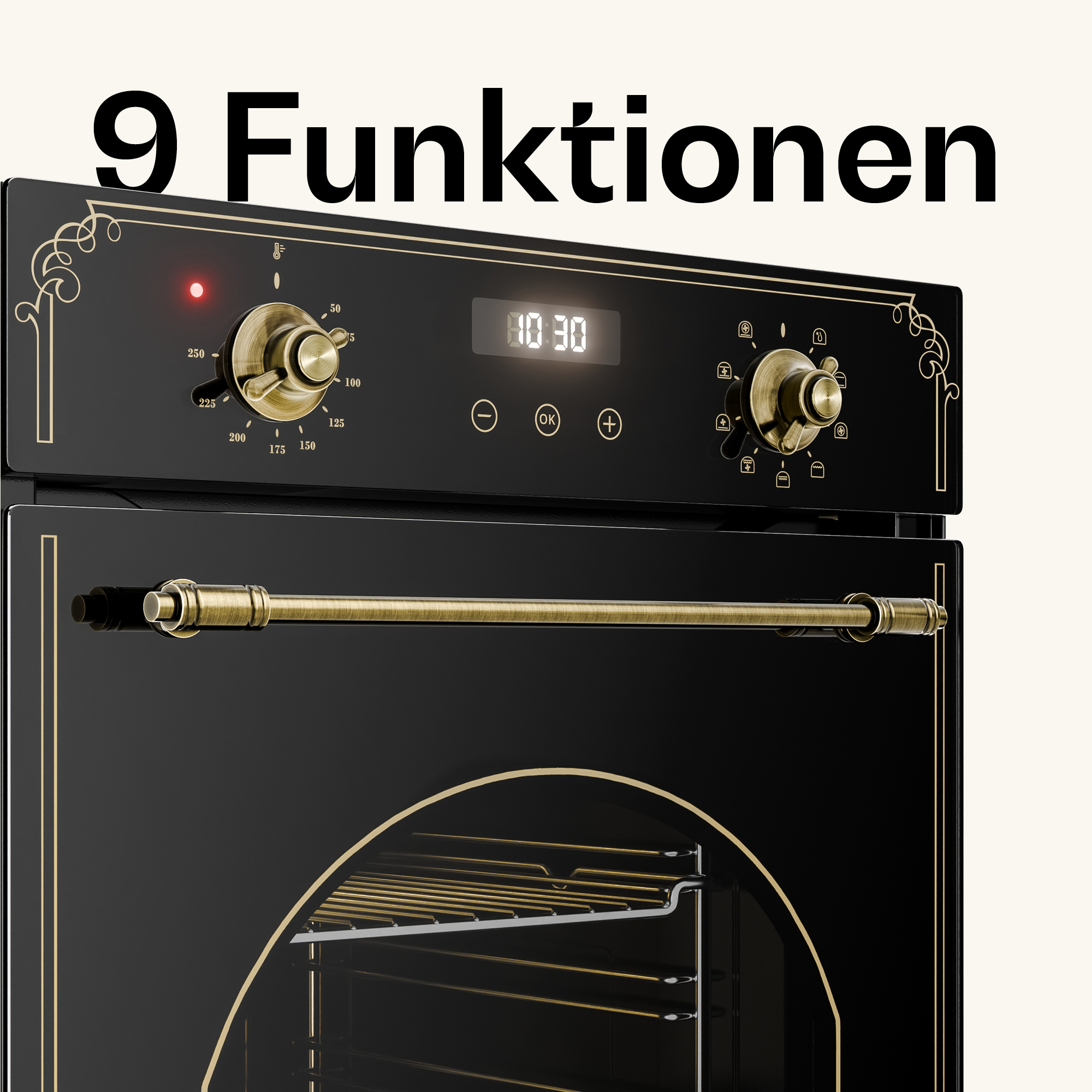 Schwarzer Ofen mit goldenen Akzenten, 9 Funktionen, Drehreglern und digitaler Anzeige.