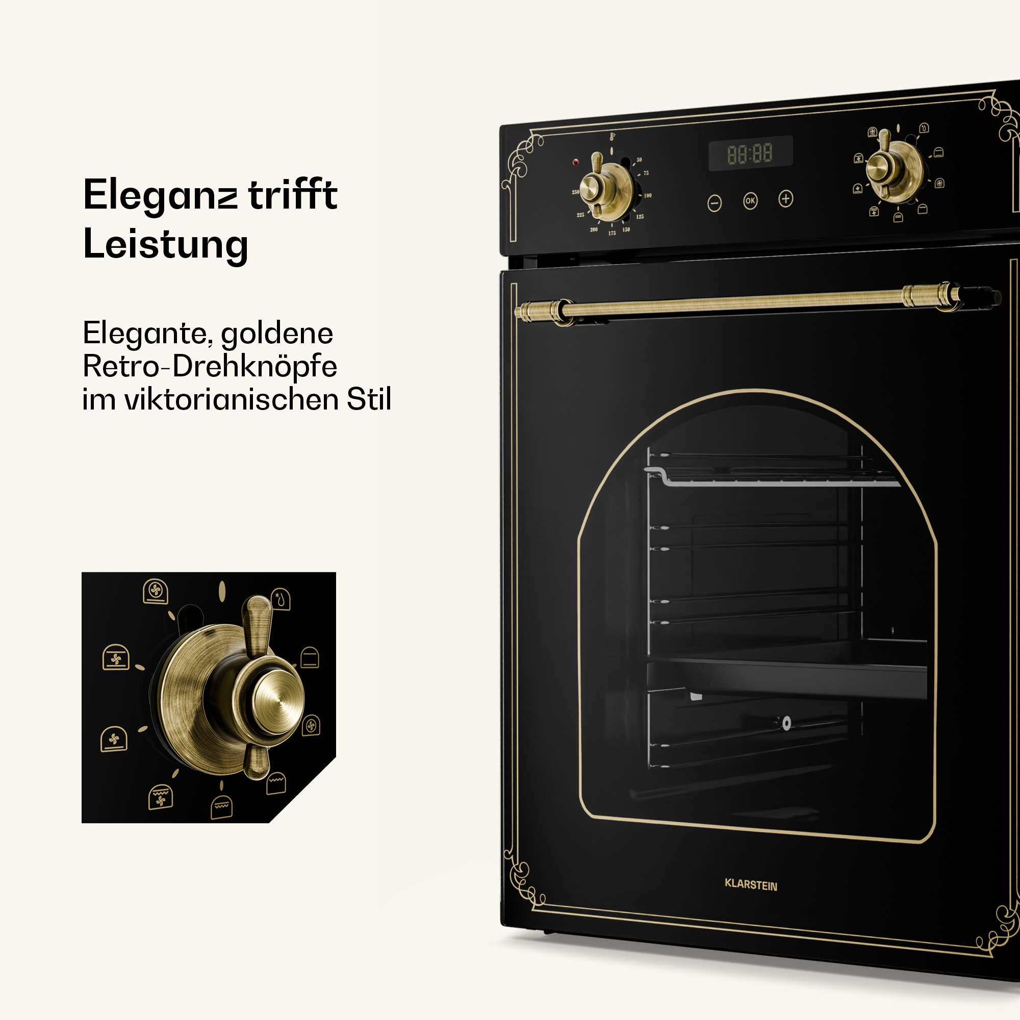 Schwarzer Retro-Ofen mit goldenen Akzenten und digitaler Anzeige.