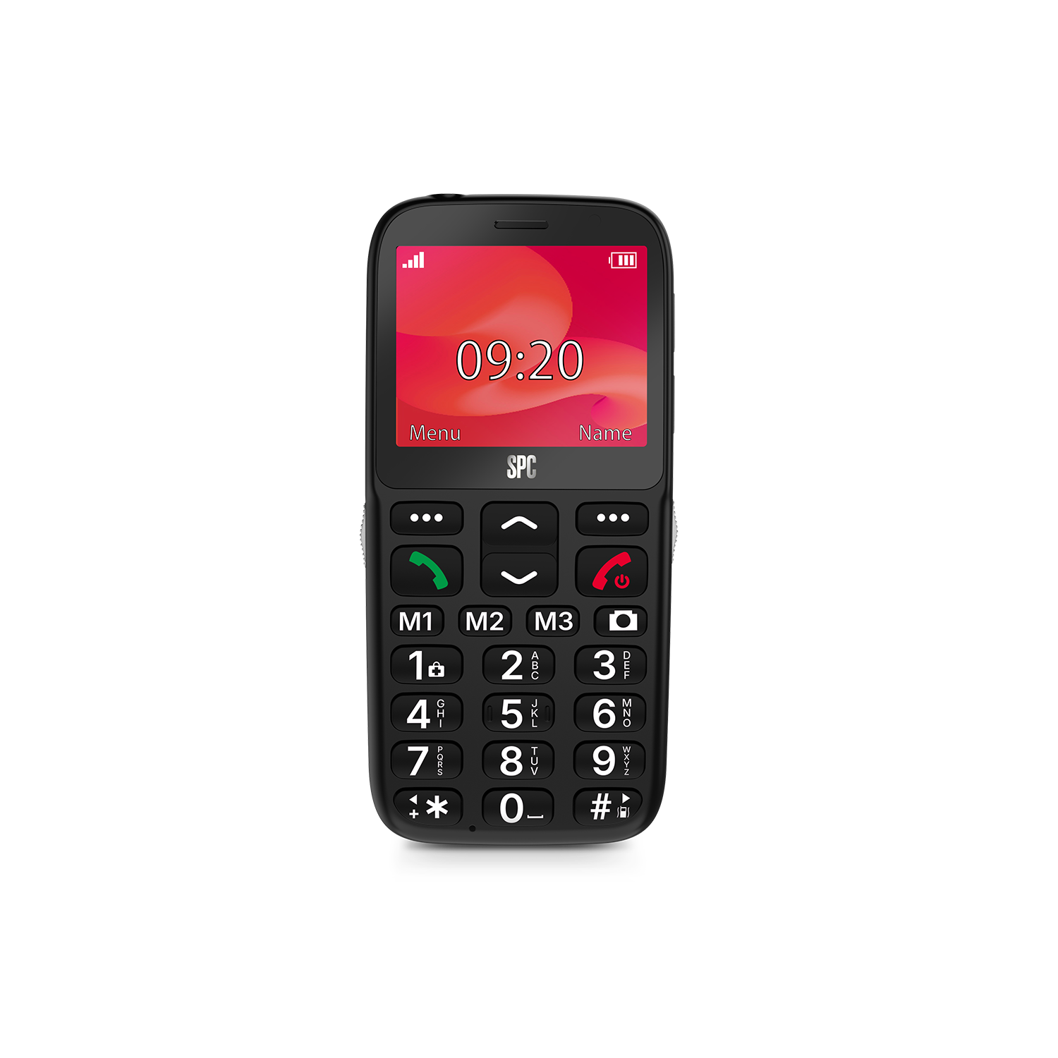 Un telefono cellulare SPC nero con tasti grandi e schermo a colori che mostra 09:20.