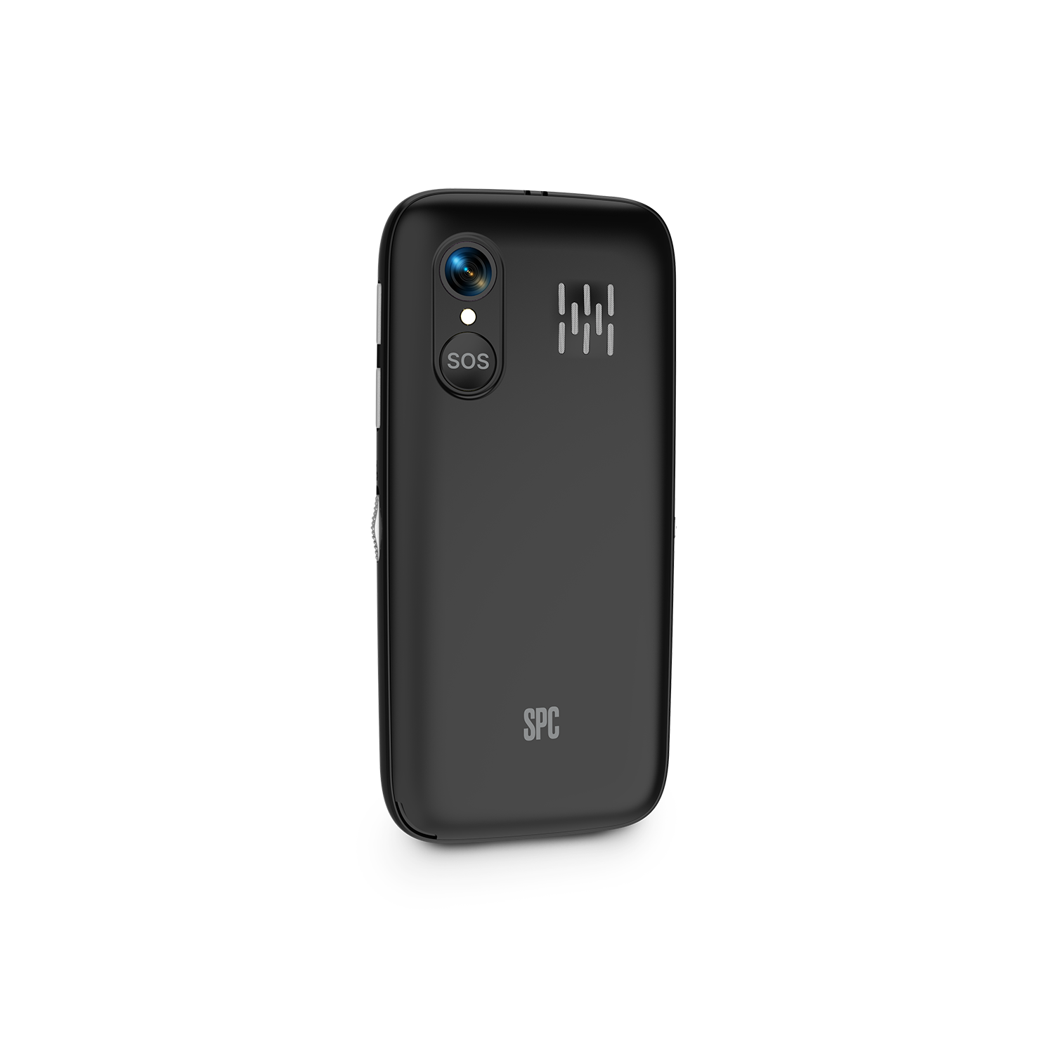 Telefono SPC nero con pulsante SOS, fotocamera e griglia altoparlante sul retro.